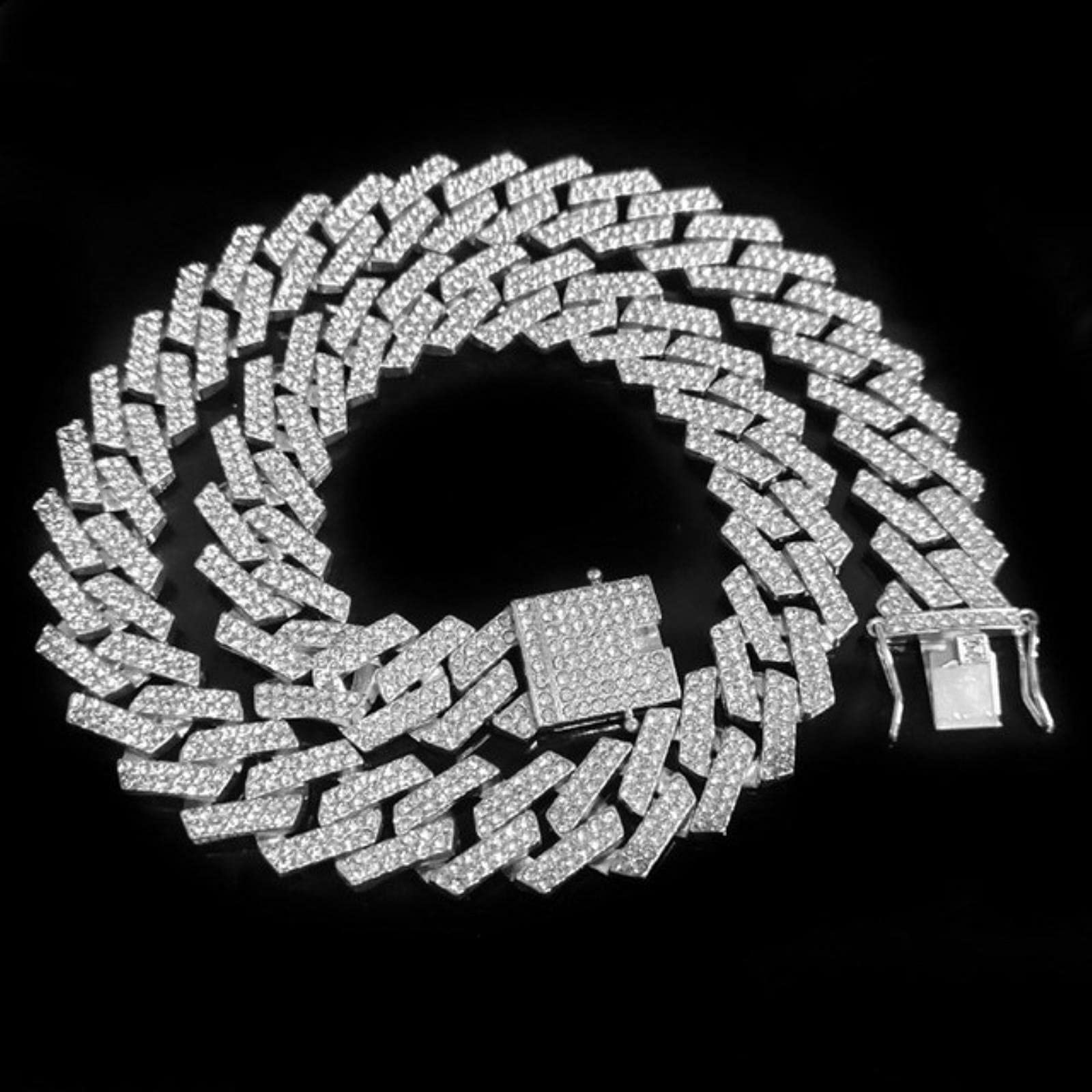 Zxcs Men's Silver 20Mm Hip Hop Chain Necklace Pave Setting Rhinestone Hiphop Iced Out Bling Rhombus Cuban Chains Necklace Fashion Jewelry- Necklace,16Inch