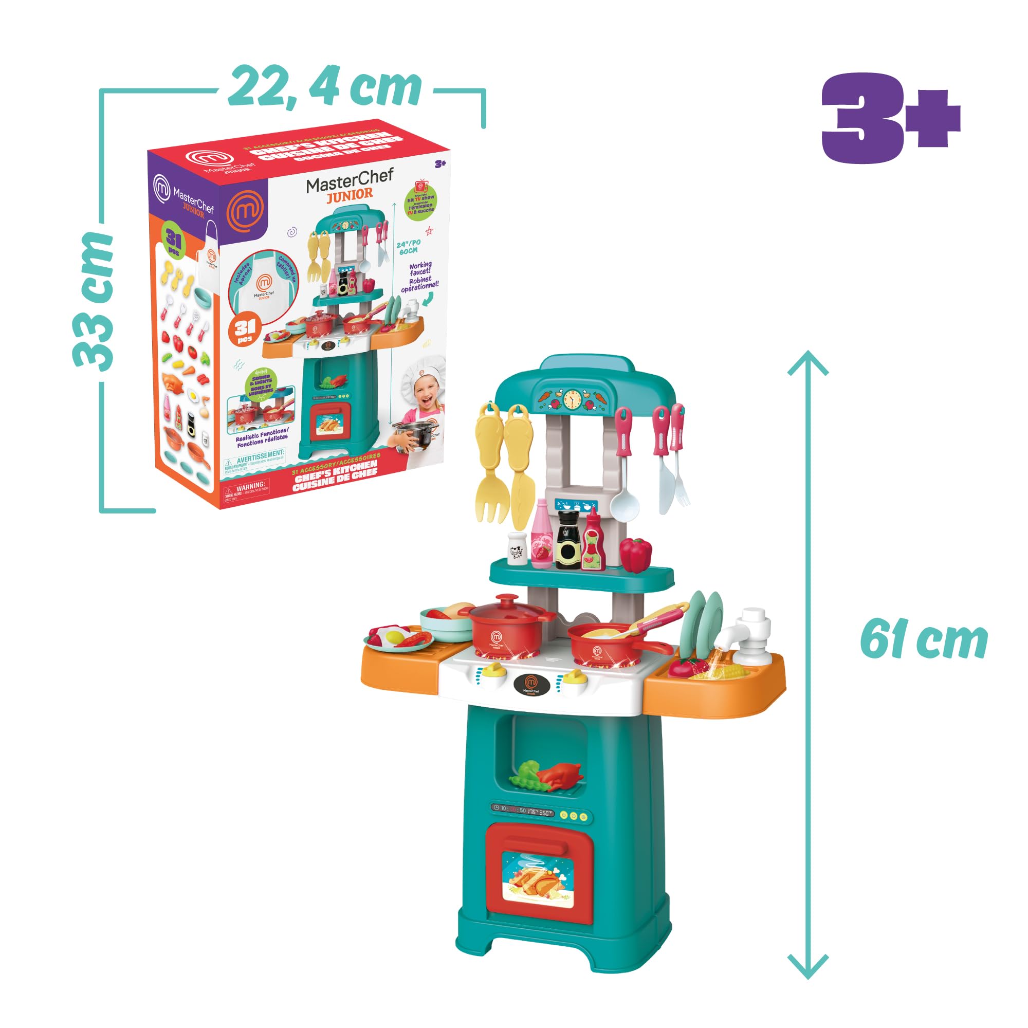 Masterchef Junior Play Kitchen - Cucina compatta con 31 accessori, luci e suoni realistici, include cibo in feltro e grembiule, facile da montare, funziona con 3 batterie AA, Famosa (MTE01000)