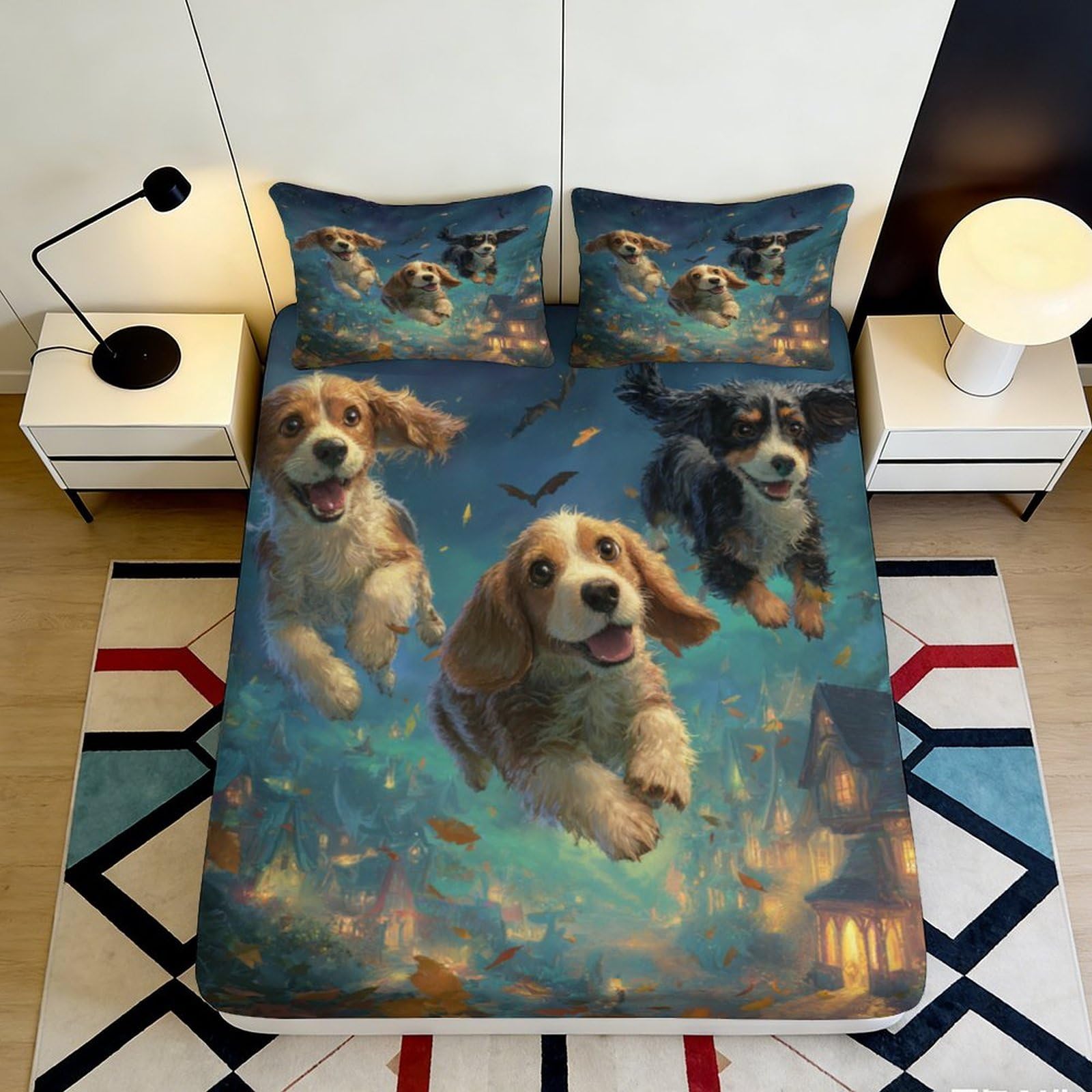 3D Printed Playful Dogs Fitted Sheet Microfiber Soft Anti-Slip Flying Puppies Bed Cover for Bedroom Guest Room Decor 200x200x25cm