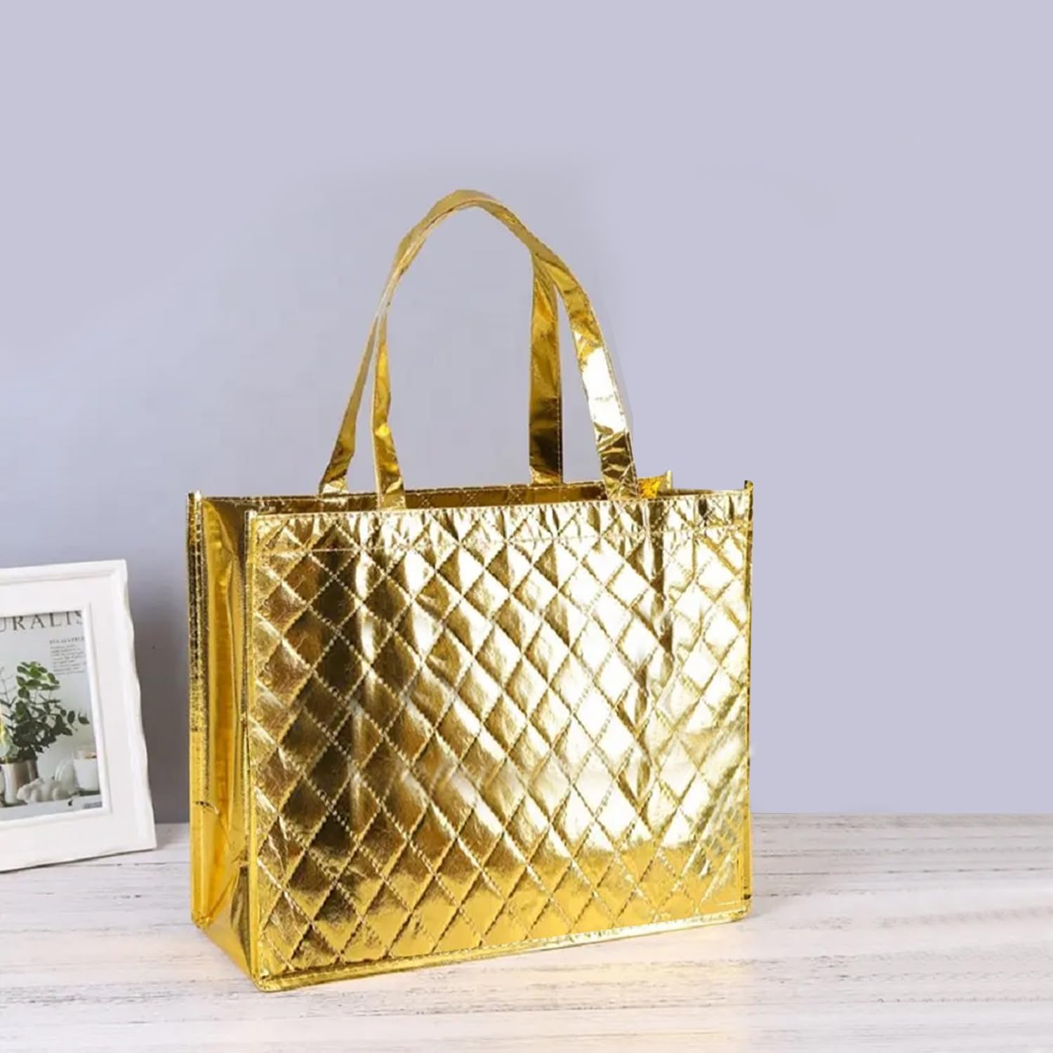 Luxury Metallic Laminated Non Woven Shopping Gift Bag (MEDIUM, GOLD)