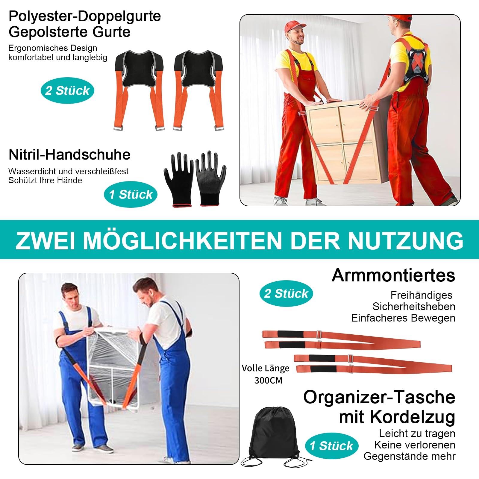 Kottwca Tragegurte Umzug 2 Personen Kit für den Umzug von Möbeln & Geräten, Tragfähigkeit 400 kg,Tragegurt für Möbel Umzugshelfer mit Rutschfesten Handschuhen, Einfaches Heben, Tragen, Möbeltragegurt