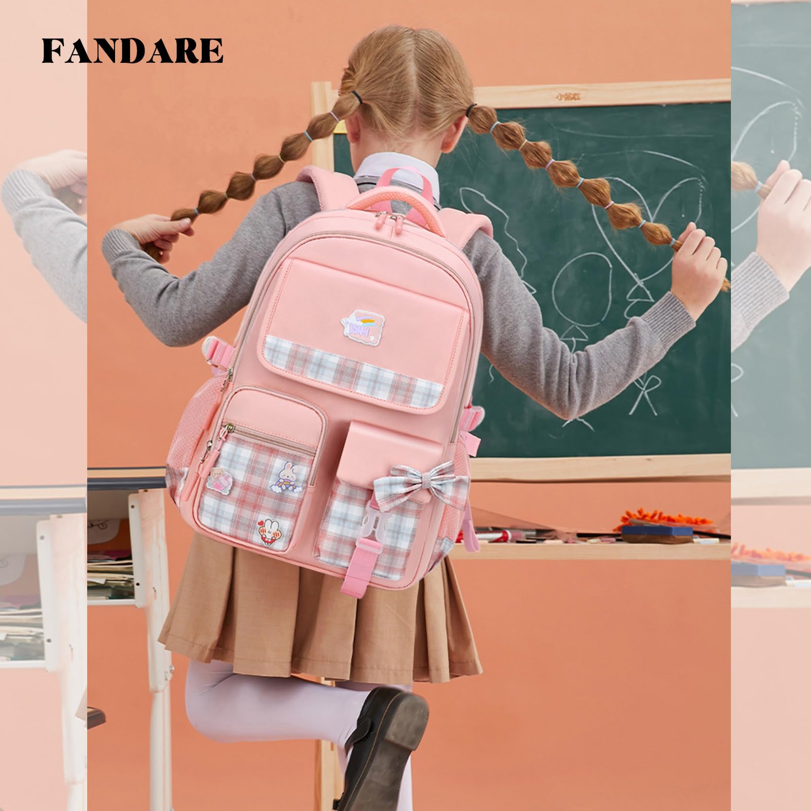 FANDARE Zaino per bambini per la scuola Luminoso Zainetti Cartelle Zaino Scuola Elementare Zaino Casual Ragazze Ragazzi Zainetto per Studenti Viaggiare con ciondolo in peluche & Badge carino Rosa