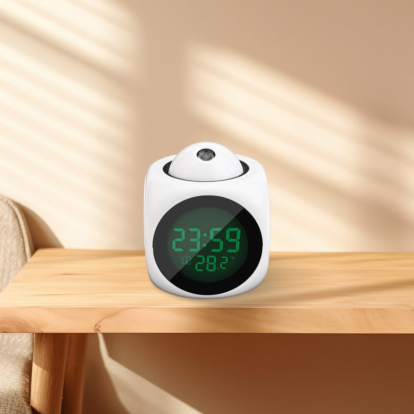 Reloj despertador proyector LED, pantalla digital multifuncional de temperatura, proyector de voz para dormitorio, techo, cocina, escritorio, estante, pared (blanco)