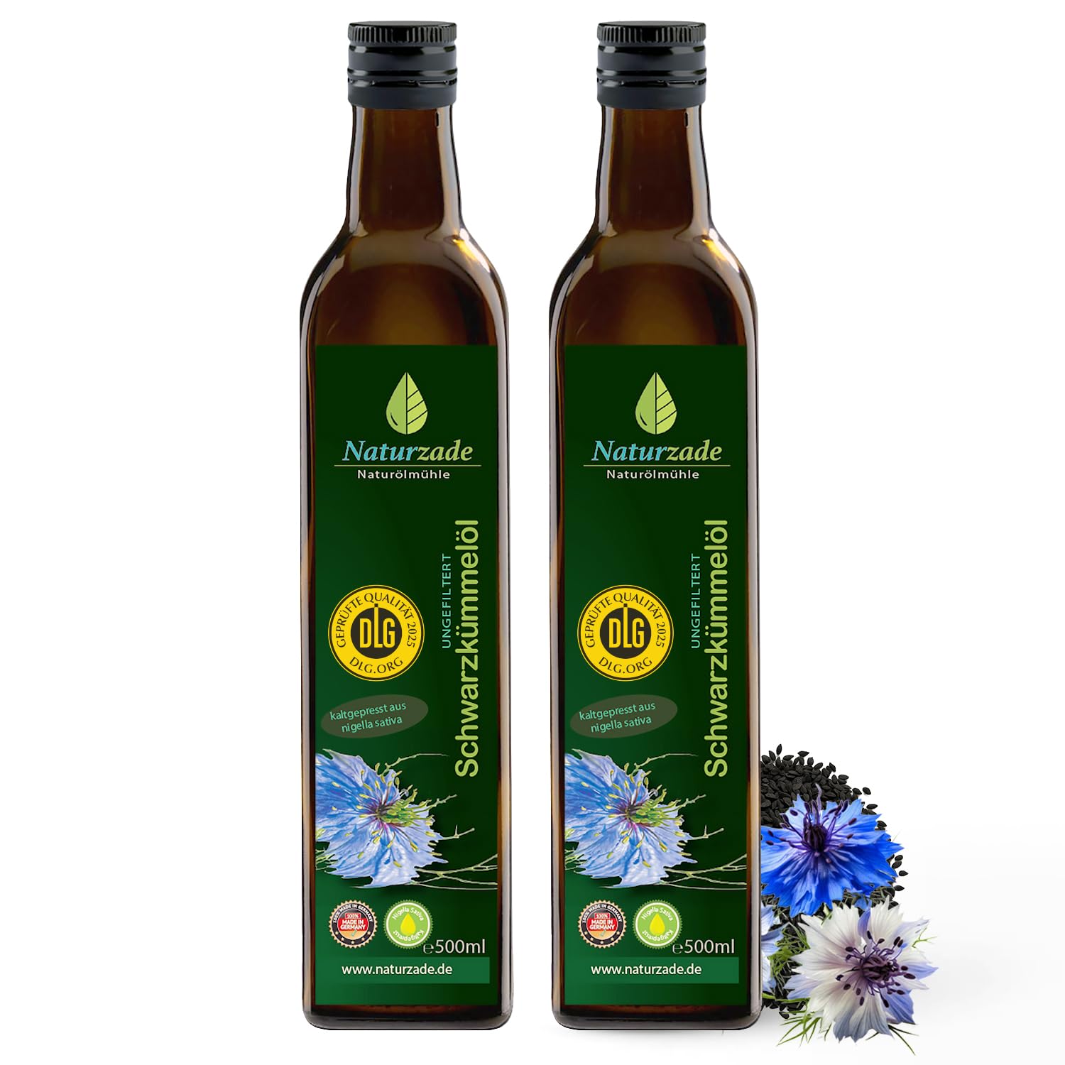 Naturzade Schwarzkümmelöl 1000ml ungefiltert Glasflasche (2 x 500ml), hoher Thymochinongehalt, kaltgepresst & naturrein ohne Zusätze, direkt vom Hersteller