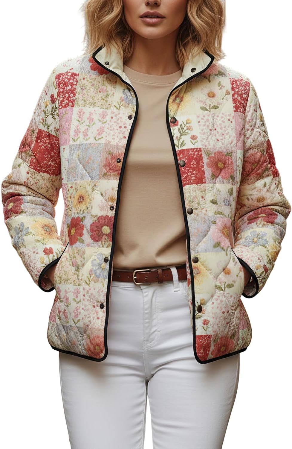 Women’s Quilted Patchwork Jacket Vintage Floral Print Stand Collar Button Lightweight Coat with Pockets