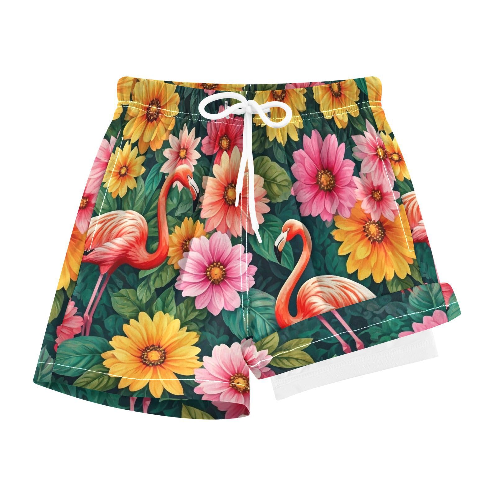 YANENDIE Boy Swim Trunks with Compression Liner Tropical Floral Flamingo Boys Swim Shorts Quick Dry Beach Shorts