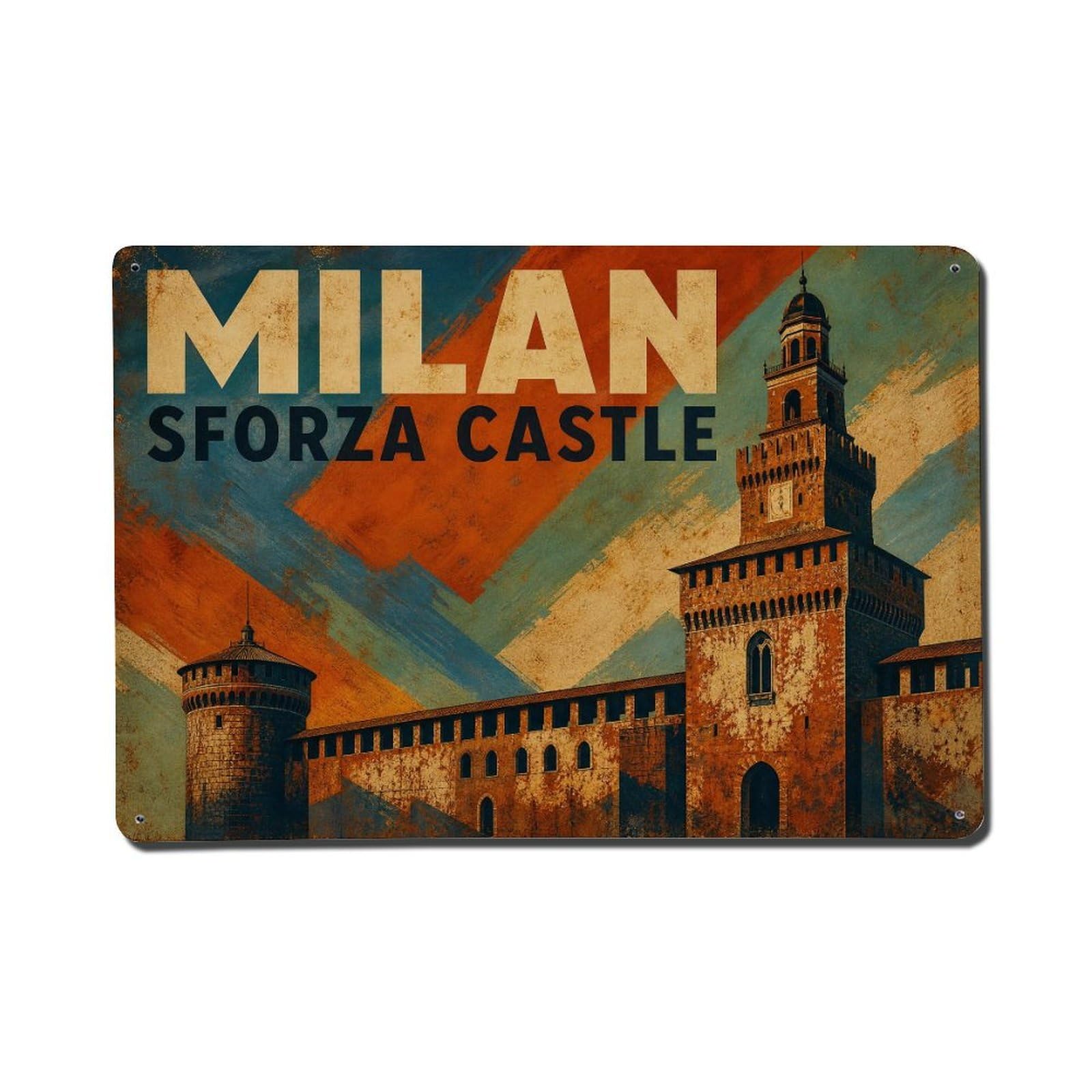 Huiyhb 8X12inch(20X30cm) Vintage Travel Milan Sforza Castle Historic Landmark Italy Metal Tin Sign