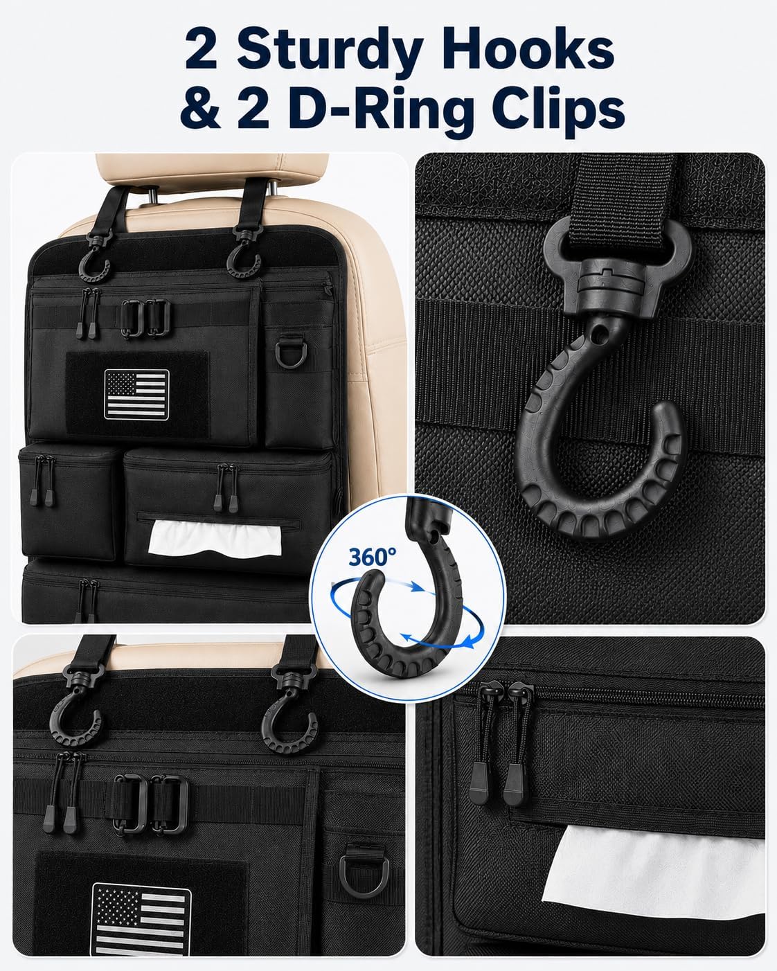 Backseat Car Organizer, Heavy Duty Tactical MOLLE Car Seat Back Organizer with 6 Pockets, 2 Sturdy Hooks, 2 D-Ring Clips, US Flag Patch & Hook Loop Panel, Universal Fit for Car SUV Truck Jeep Ford