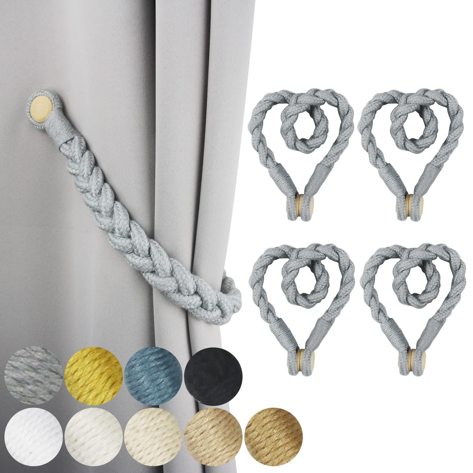 Porlau 4 Pack Grey Magnetic Soft Curtain Tiebacks Cotton Hand-Woven Tieback Holdback Home Decorative Tie Backs with Durable Wooden Buckle for Home Office Decor