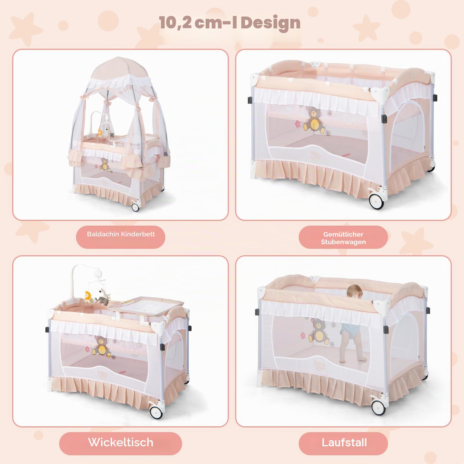 FANTASK 4 in 1 Babybett mit Matratze, Beistellbett mit abnehmbarem Baldachin, Spielbogen & Musikbox, Baby Reisebett mit Rollen, Kinderreisebett für Baby 0-36 Monate (Rosa)