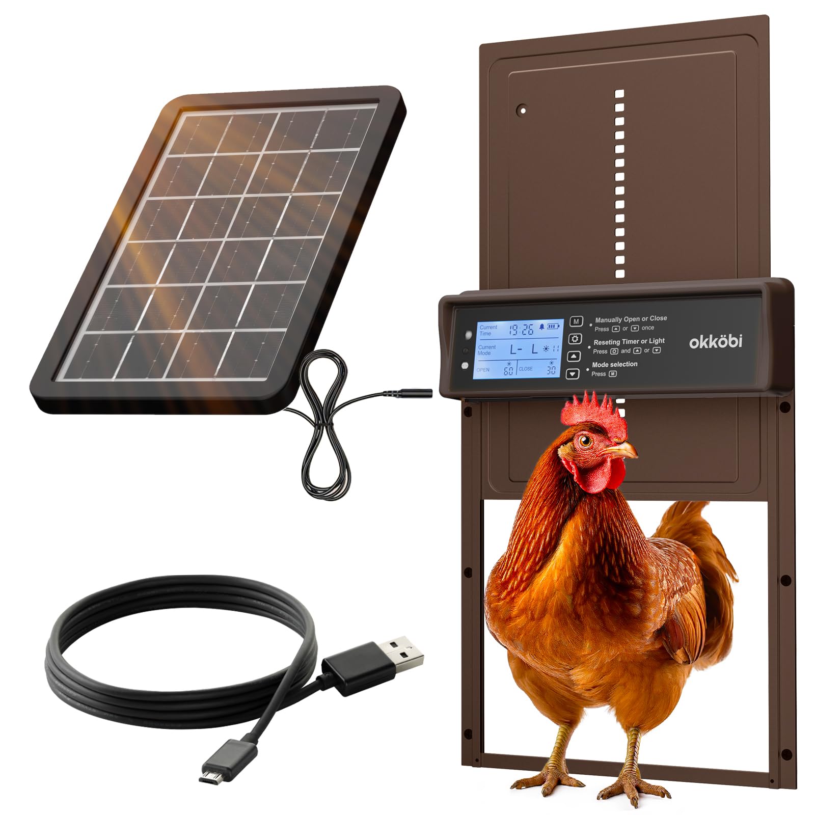 Puerta Gallinero Automatica Solar - Pantalla LCD - Puerta Automatica Gallinero con Mando a distancia, Sensor de luz y Temporizador - Seguridad y Tranquilidad: Función anti-pellizco - 5 años protección
