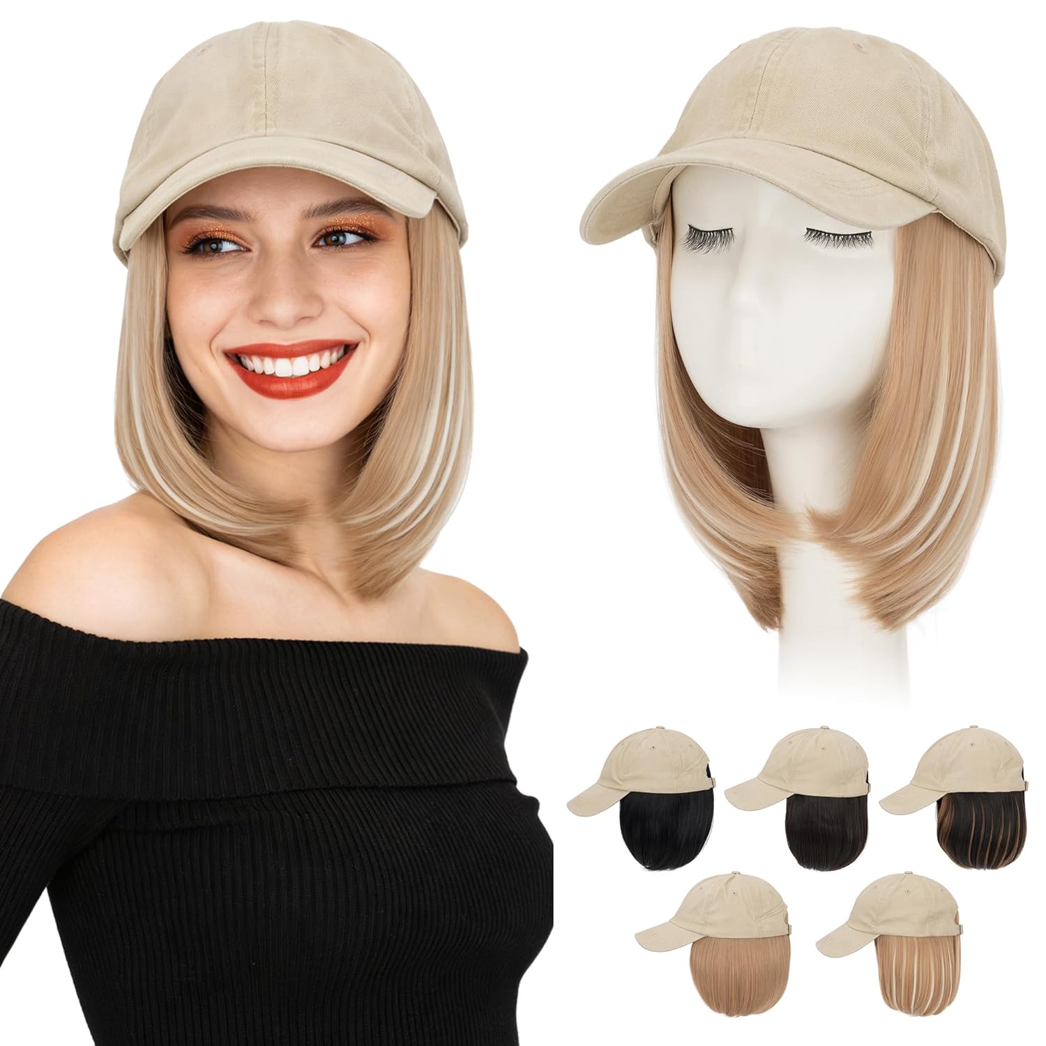 S-noilite Hat Wig, Distressed Baseball Cap Wigs with Hair Extension Attached for Women, Adjustable Vintage Plain Washed Beige Hat with Short BOB Hair, 6inch Highlighted Platinum Mixed Honey Blonde