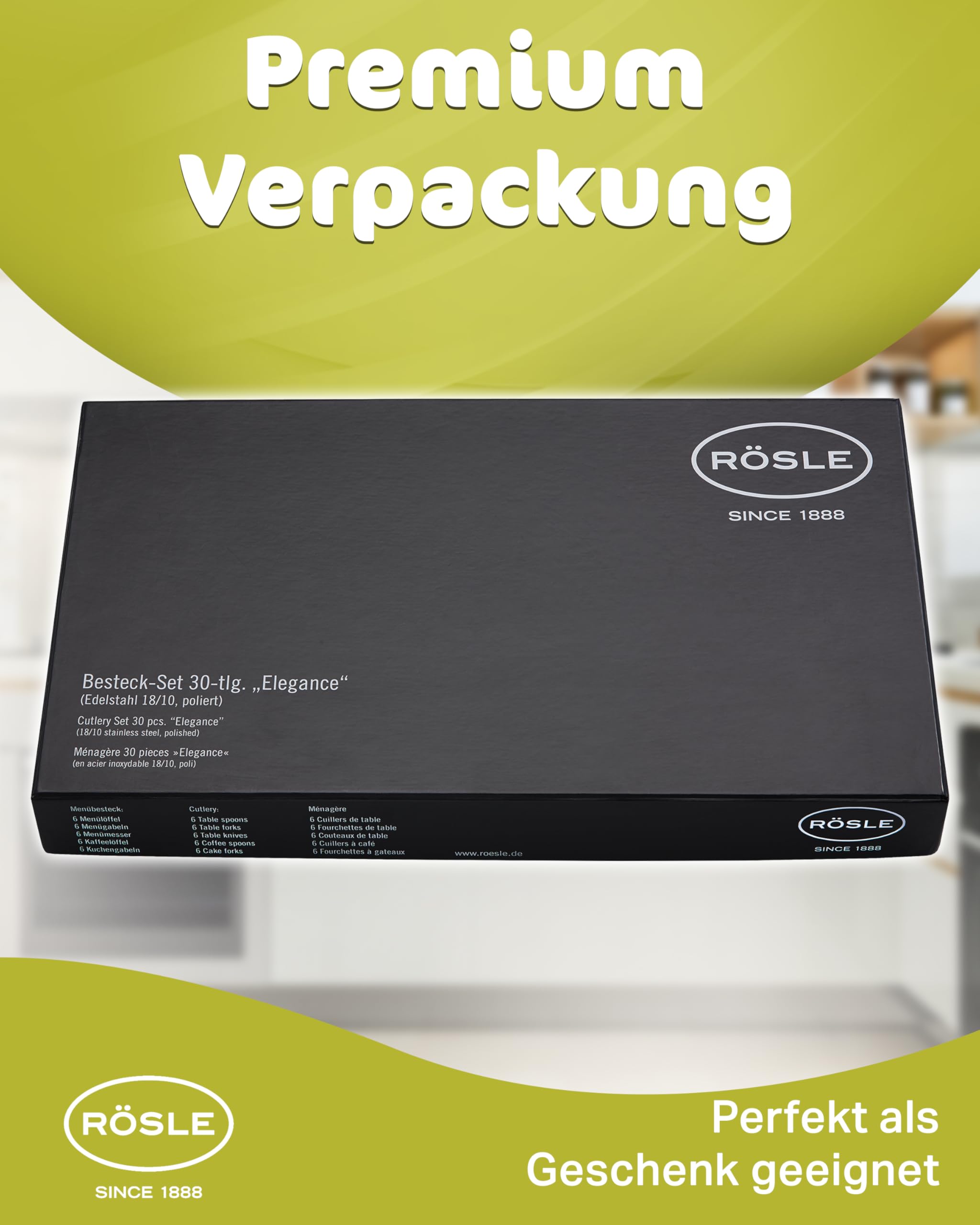 RÖSLE Elegance - Cubertería de 30 piezas,para 6 personas, de acero inoxidable 18/10, hoja de acero brillante, apto para lavavajillas