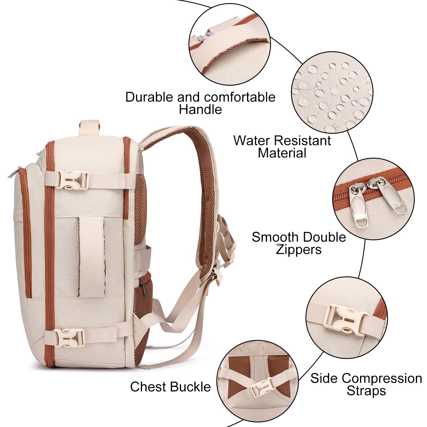 ENZOSUM Zaino da Viaggio per Donna,Zaino 40x30x20,Bagaglio a Mano 40x30x20 per Ryanair Wizz Air Eurowings EasyJet Borsa da Cabina Porta PC 15.6 Pollici,Beige