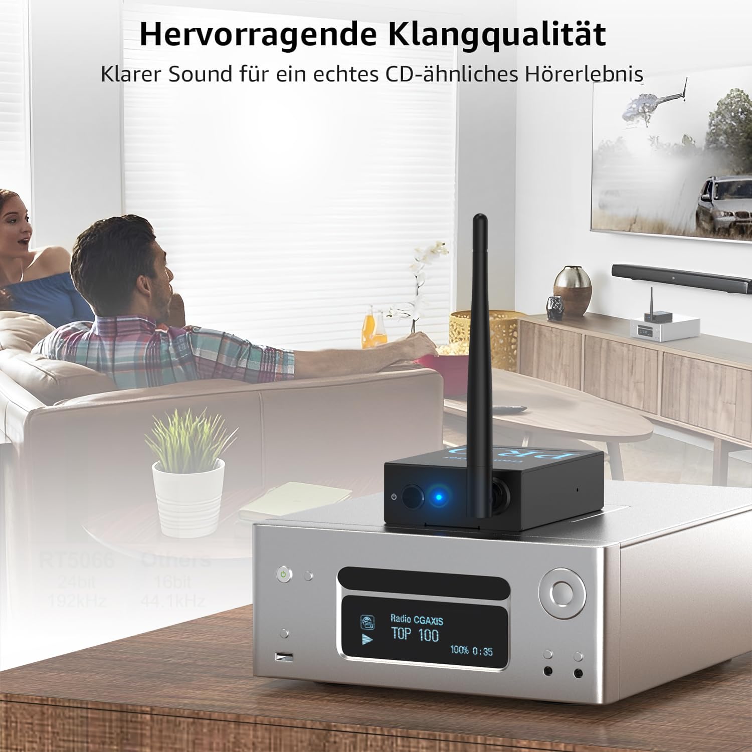 1Mii (1 TX + 2 RX) Drahtlos Audio Sender Empfänger, 2,4 GHz Funkübertragung | Geringe Latenz, HiFi von TV/PC zu Aktivlautsprecher/Verstärker/AV-Receiver, Optisch/Koaxial/3,5-mm/Cinch-Anschluss