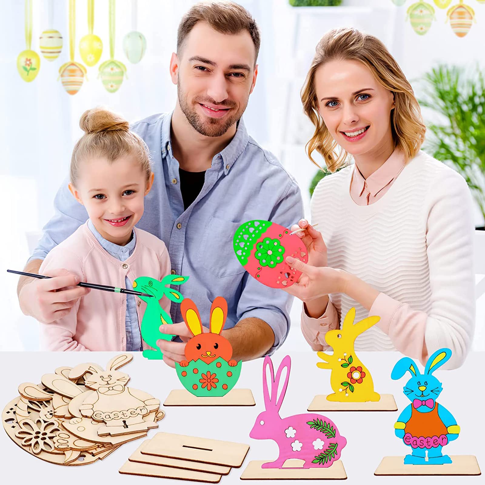 Abnaok Oster-Bastelset – 10 Holzhasen Zum Bemalen, Mit Pompons, Wackelaugen & Pinseln, Für Kinder Ab 3 Jahren