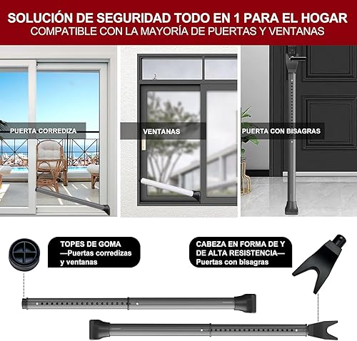 Miniatura 2 de AceMining Barra de seguridad para puerta mejorada y barra de patio deslizante, topes resistentes ajustables para el hogar, apartamento, viajes