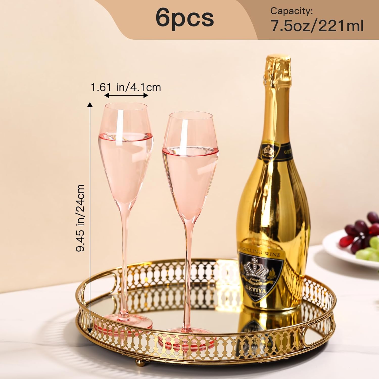 JOVGANG Pink Champagne Flutes Set of 6-7.5oz Hand-Blown Lead-Free Crystal Champagne Glass, Wedding Champagne Flutes, Date Night & Romantic Dinners, Valentine's Day and New Year Gifts - Image 2