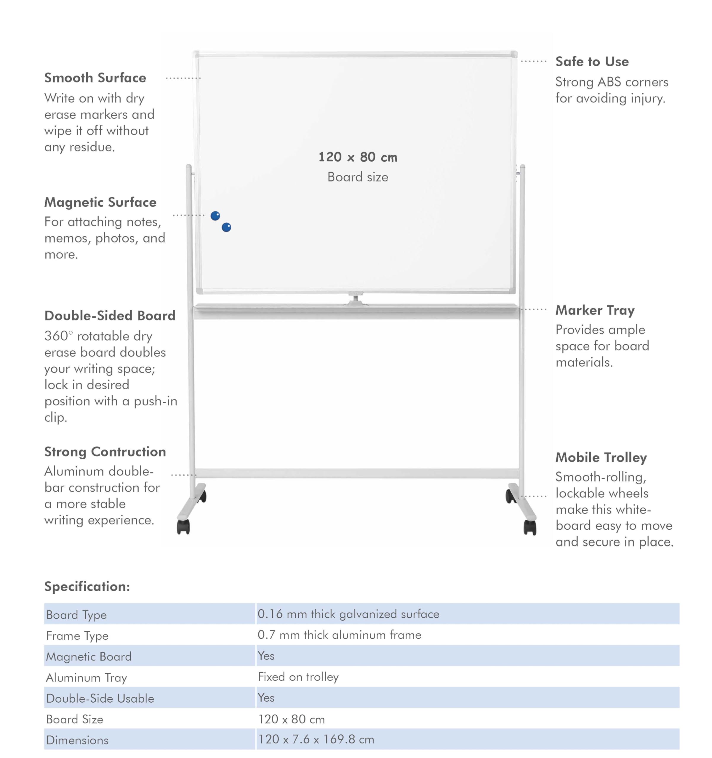 LogiLink EO0064 - Whiteboard/Tafel, 2-seitig beschreibbar, 120 x 80 cm, auf Rollen, Aluminiumrahmen