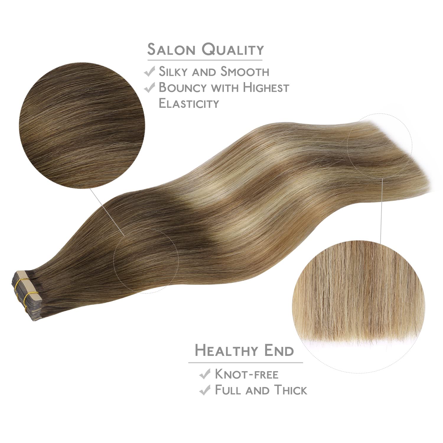 WENNALIFE Extensiones Adhesivas Pelo Natural, 50cm, 50g, 20 Piezas, Ombré Walnuss Braun bis Ash Braun und Bleach Blonde, Extensiones Pelo Remy Cabello Humano - 4