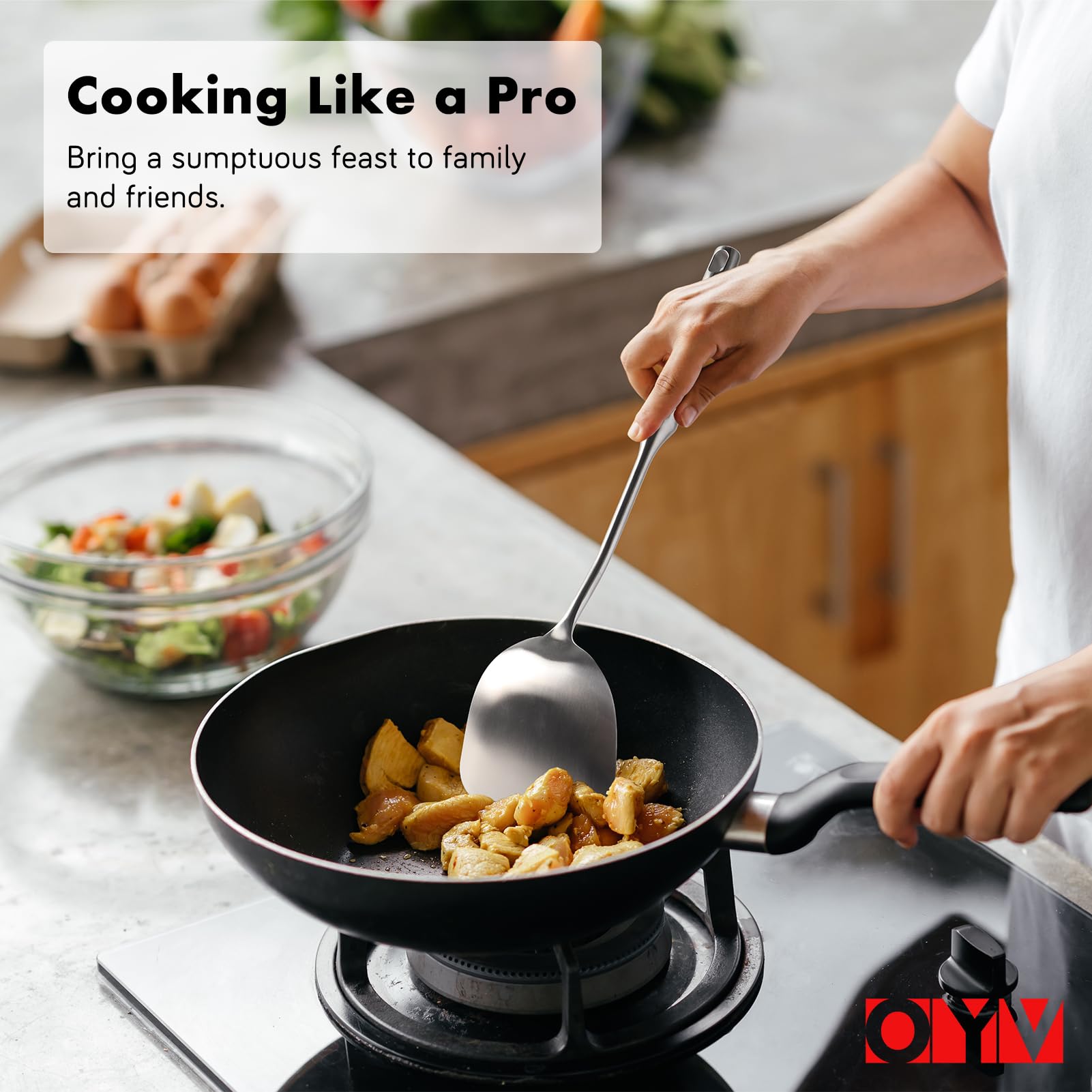 OYV 304 Stainless Steel Wok Spatula, Set of 2 Heat-Resistant Wok Tools, Solid & Slotted Wok Utensils Set, 14.6-inch Metal Spatula for Kitchen Cooking