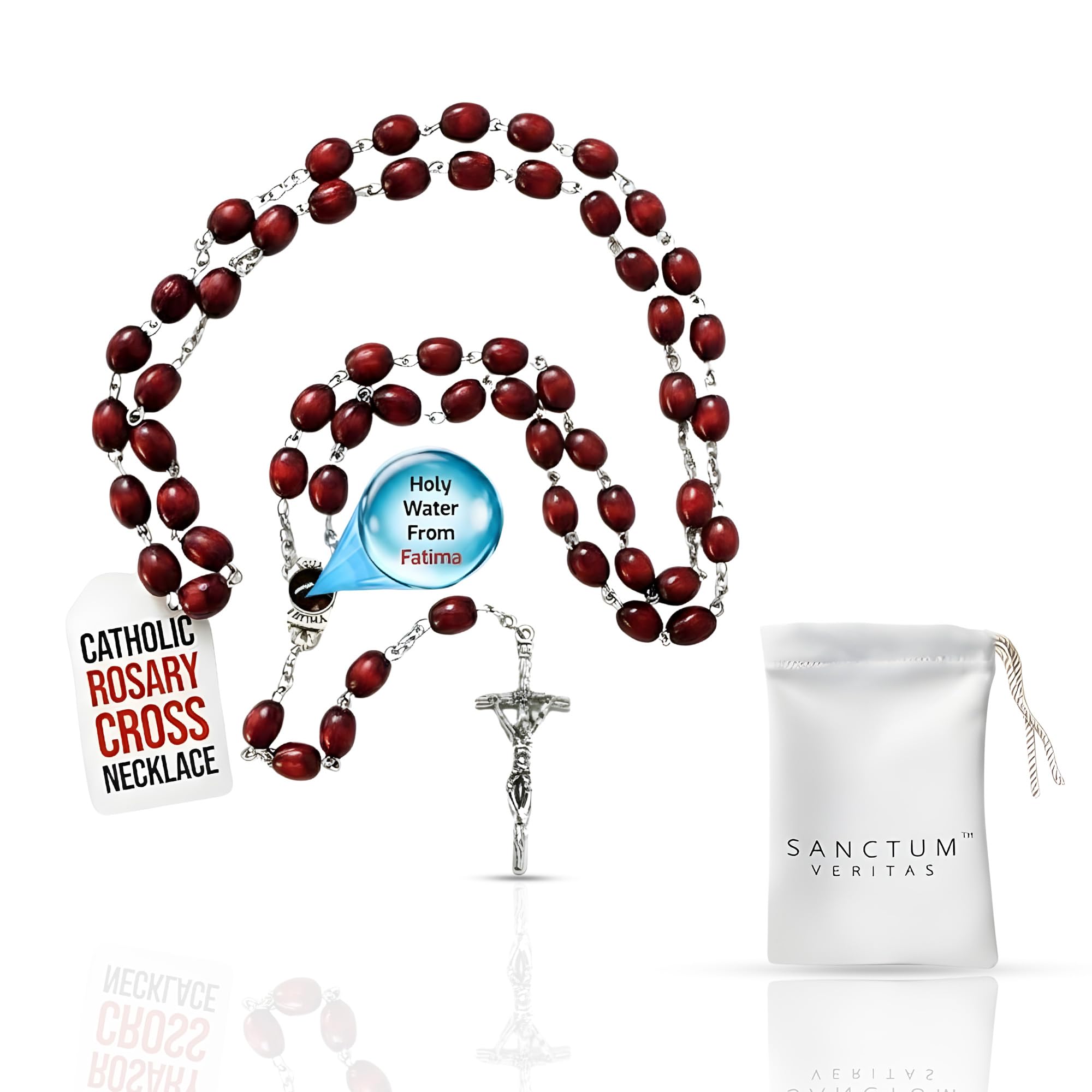 Holy Water from Fatima Rosary Our Lady Crucifix Necklace Christian Prayer Beads Catholic Jewelry Rosarios Catolicos Blessed Cross Religious Keepsake for Men Women (Cherry)