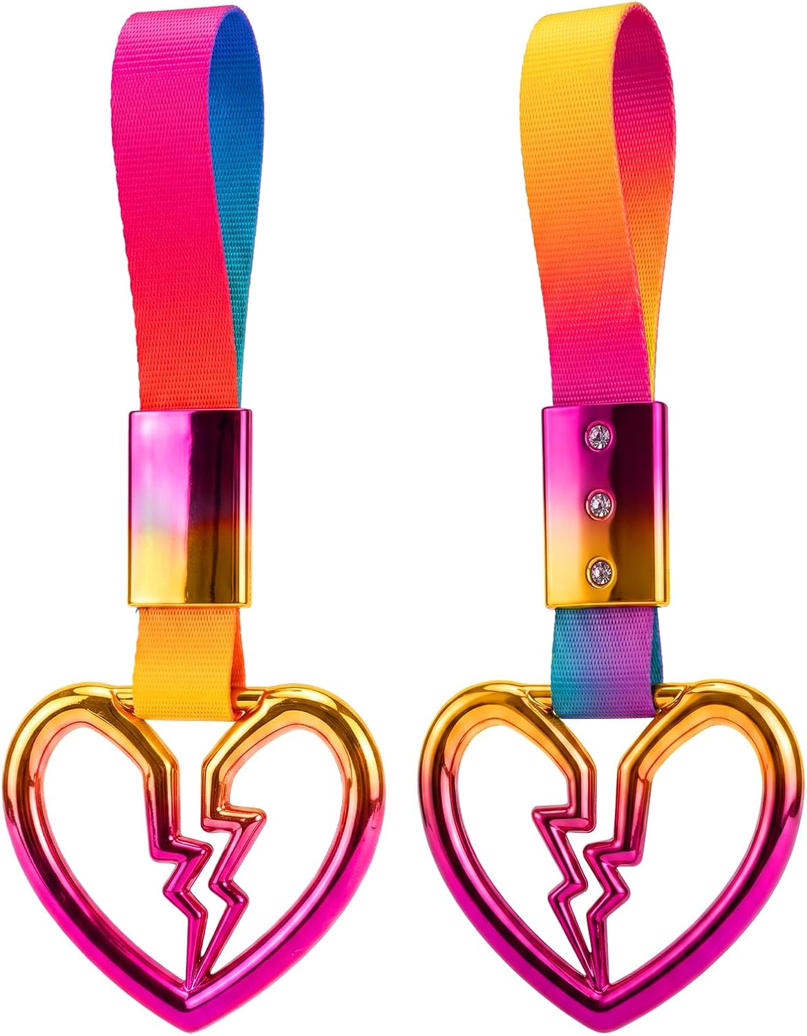 2PCS Heart Shaped Car Handle Straps, Rear Bumper Warning Keychain Ring for Car Exterior Accessories (Chrome Rainbow Broken Heart - Rainbow)
