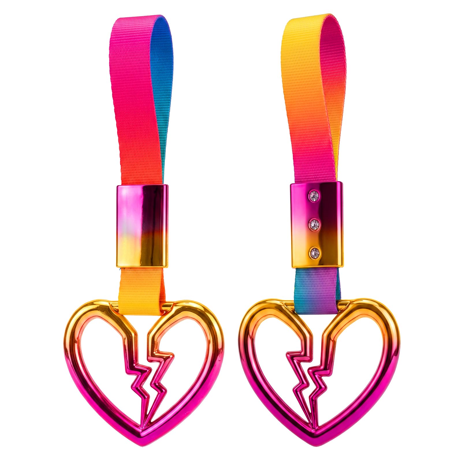 2PCS Heart Shaped Car Handle Straps, Rear Bumper Warning Keychain Ring for Car Exterior Accessories (Chrome Rainbow Broken Heart - Rainbow)