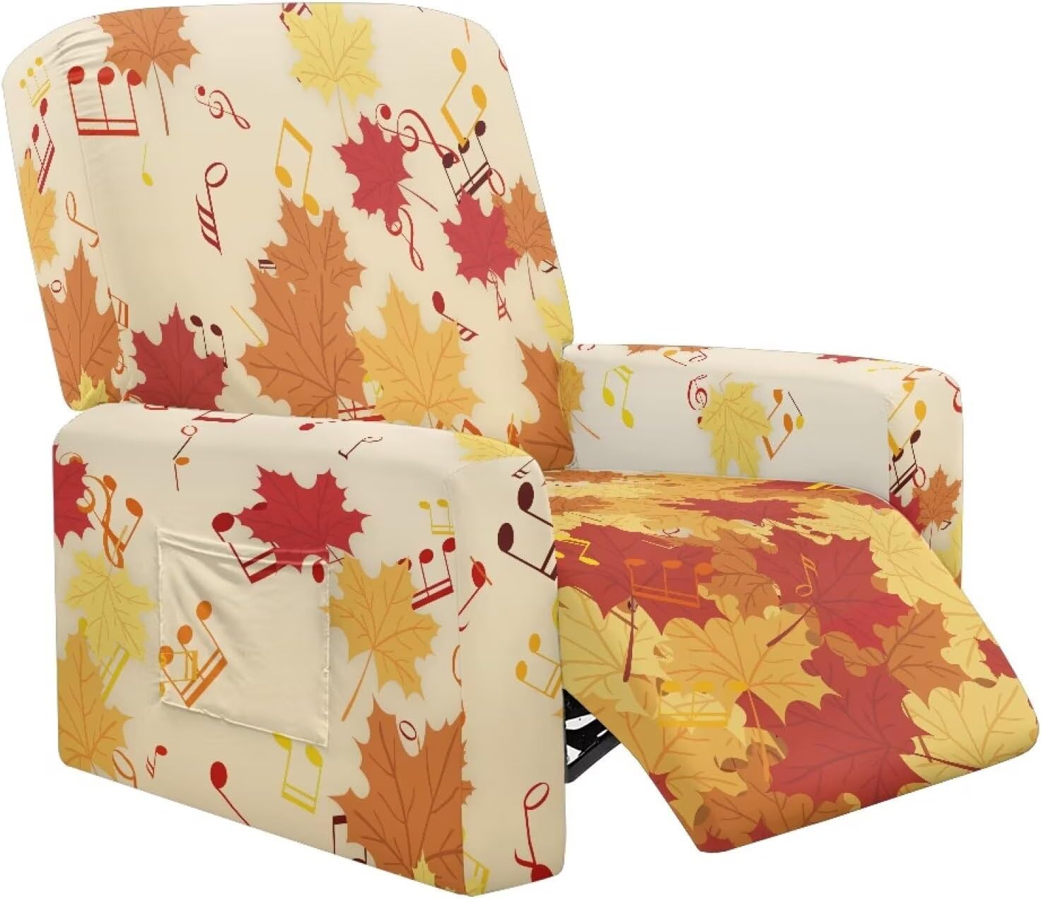 FOR U DESIGNS Maple Leaf Music Recliner Slip Cover 4-Piece Set Stretch with Elastic Edges Non Slip Storage Pockets Washable Furniture Protector for Reclining Sofas