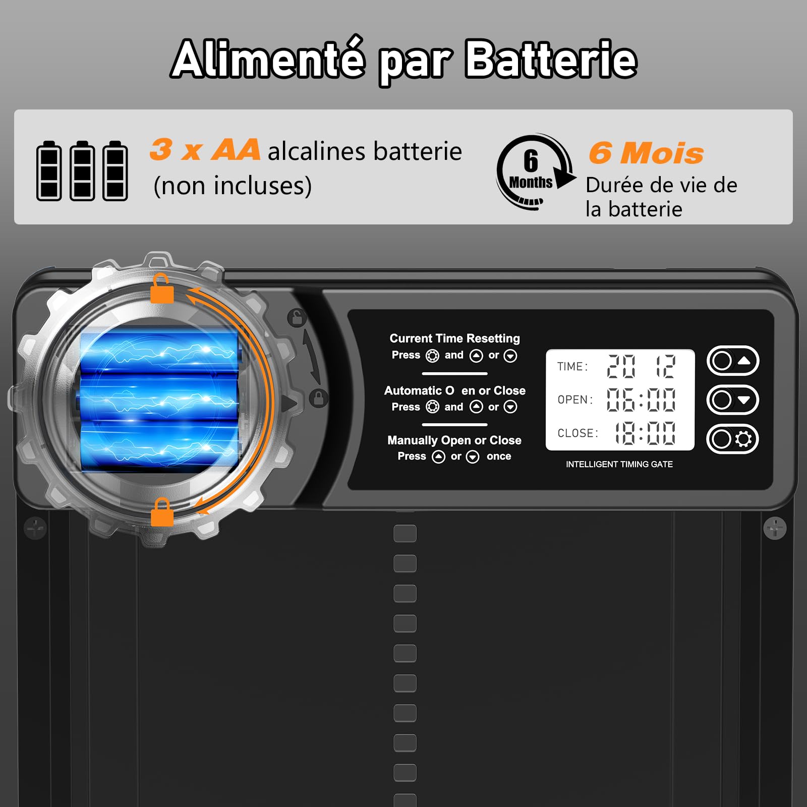 CHAMUTY Porte Poulailler Automatique Batterie avec Écran LCD Programmable Étanche, Porte Automatique Poulailler en Aluminium avec Minuterie, Fonction Anti-pincement, Ouvre-Porte Vertical, Noir