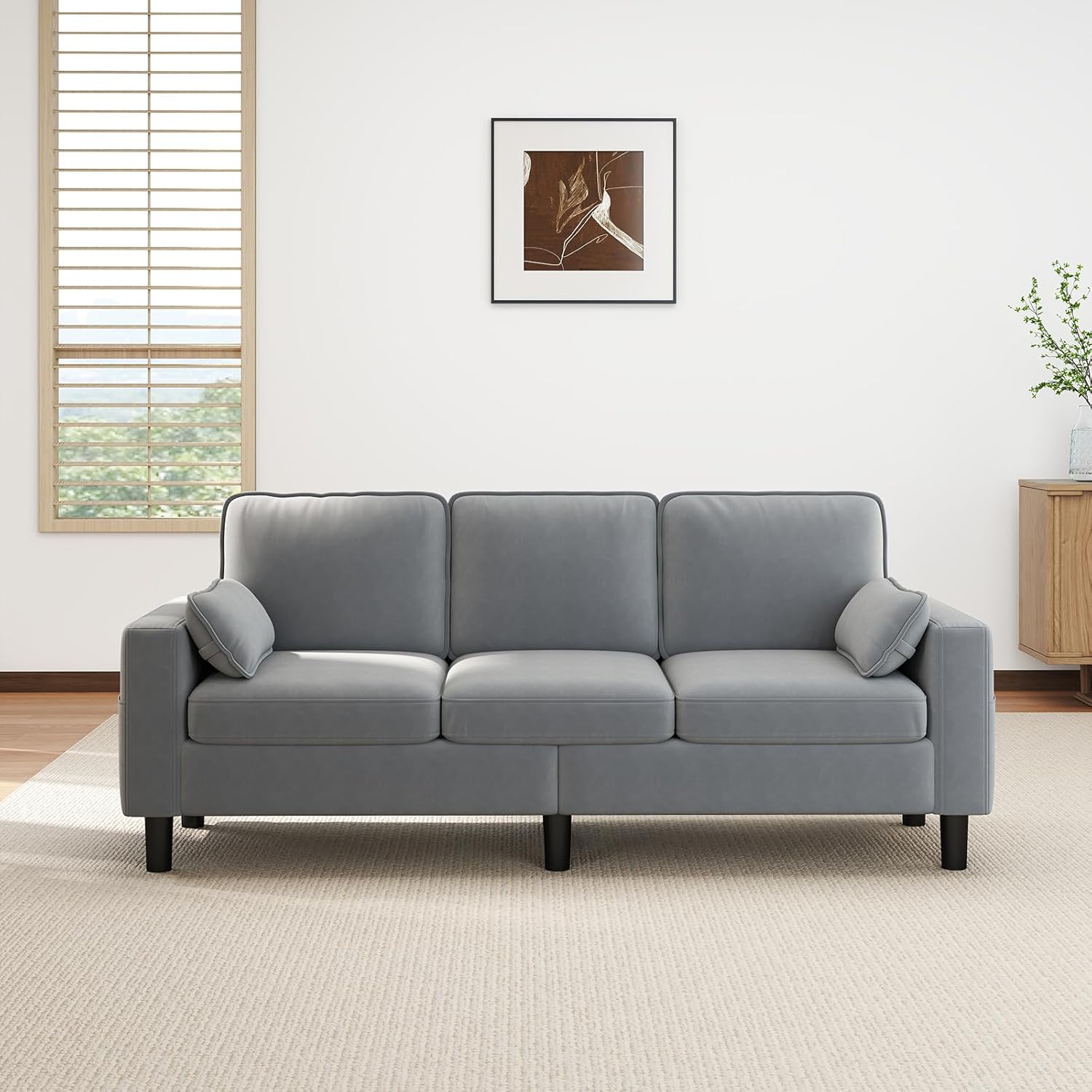 FIZZEEYY 78.7" Mid-Century Modern 3-Seater Sofa with Chaise Lounge, Removable Cushion Covers, 2 Armrest Pillows & Metal Frame-Grey Upholstered Couch for Living Room, Bedroom, Apartment, Office