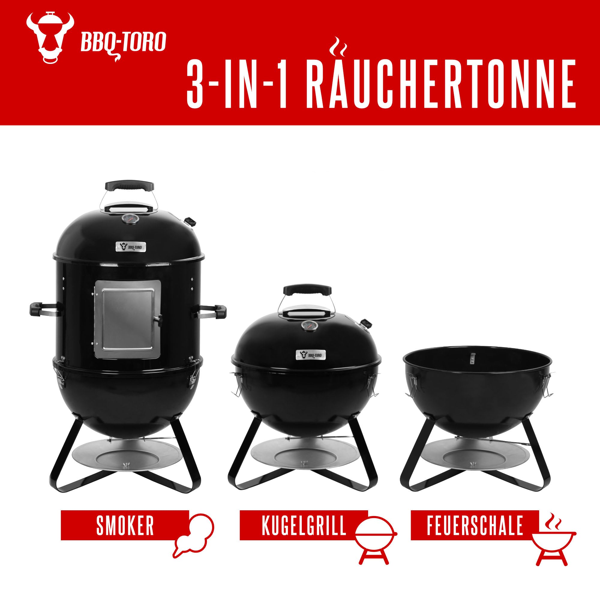 BBQ-Toro Barril Ahumador 3 en 1 | Ø 47 cm | Barril de Ahumado, Fumador | Parrilla de Ahumado, Parrilla de Carbón con Tapa | Horno para Leña | Barbacoa, Smoker, Barril Ahumador con Termómetro