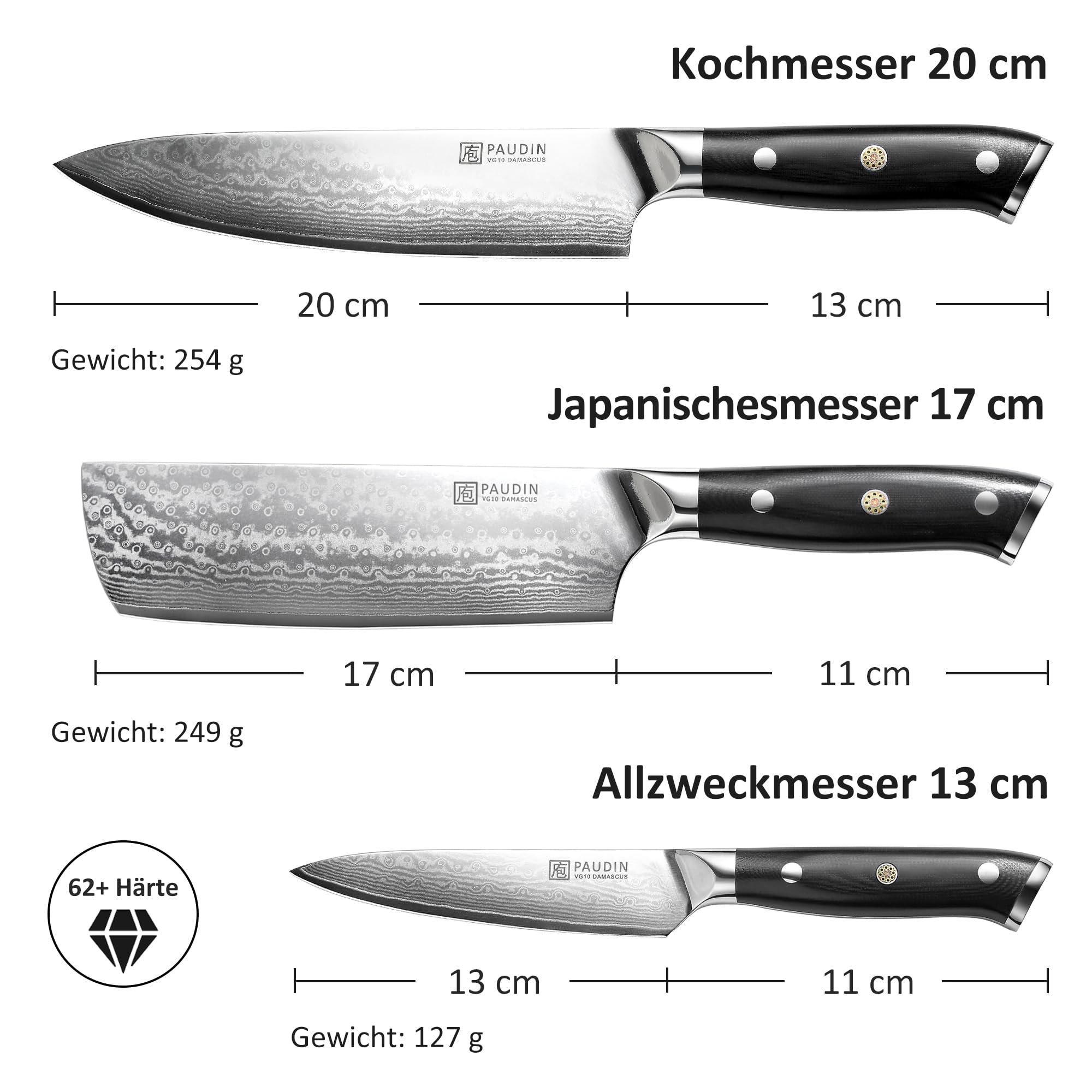 PAUDIN Set di 3 damascati in acciaio damascato ecologico e sostenibile, 67 strati VG10, con manico G10, coltello da cucina, coltello giapponese e multiuso ad alta durezza