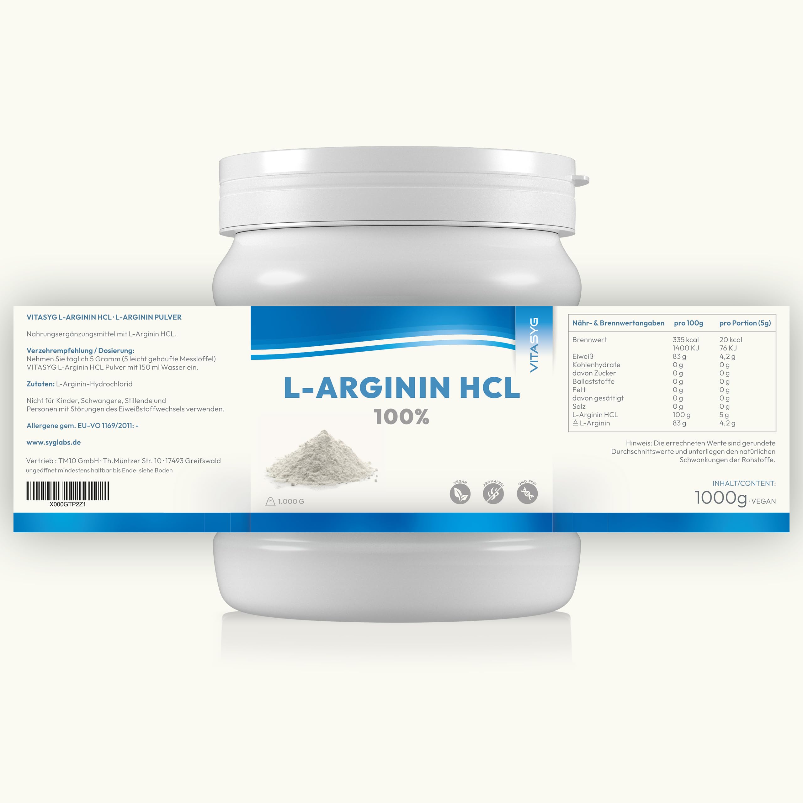L-Arginin HCL Pulver 1000g - 1kg - Premium L-Arginn HCL ohne Zusätze - vegan