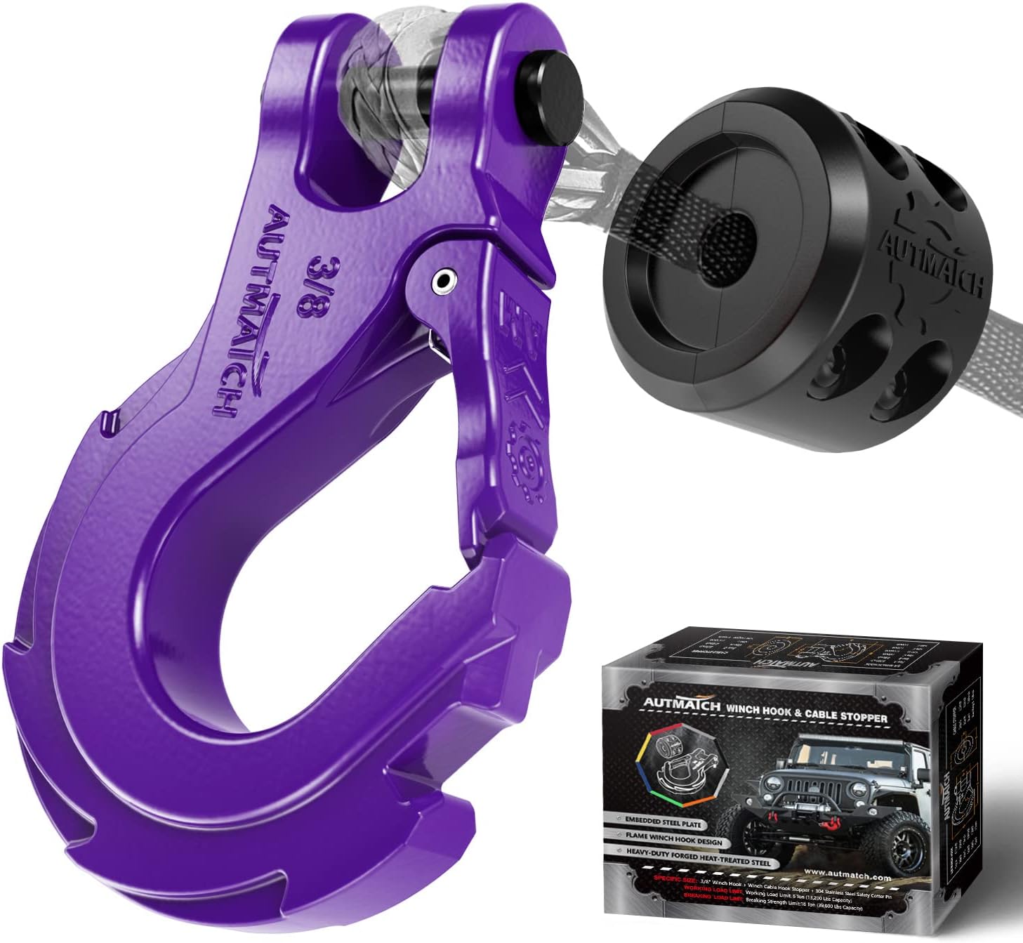 AUTMATCH Winch Hook 3/8" - Clevis Slip Hook with Safety Latch & Winch Cable Hook Stopper, Grade 70 Forged Steel Max 39,600Lbs Work for Winch Rope, ATV, UTV, Off Road Vehicle, Purple