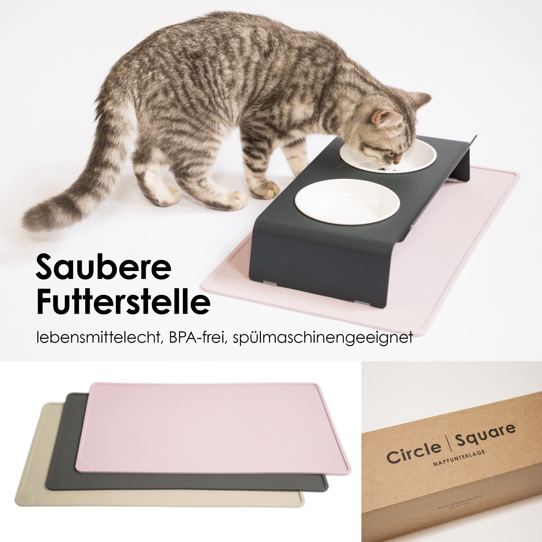 LucyBalu® Square Silikon Napfunterlage 50 x 29 cm I Rechteckige Futtermatte mit erhöhtem Rand I FDA-Zertifiziert & spülmaschinenfest I rutschfest für Katzen & Hunde I Taupe