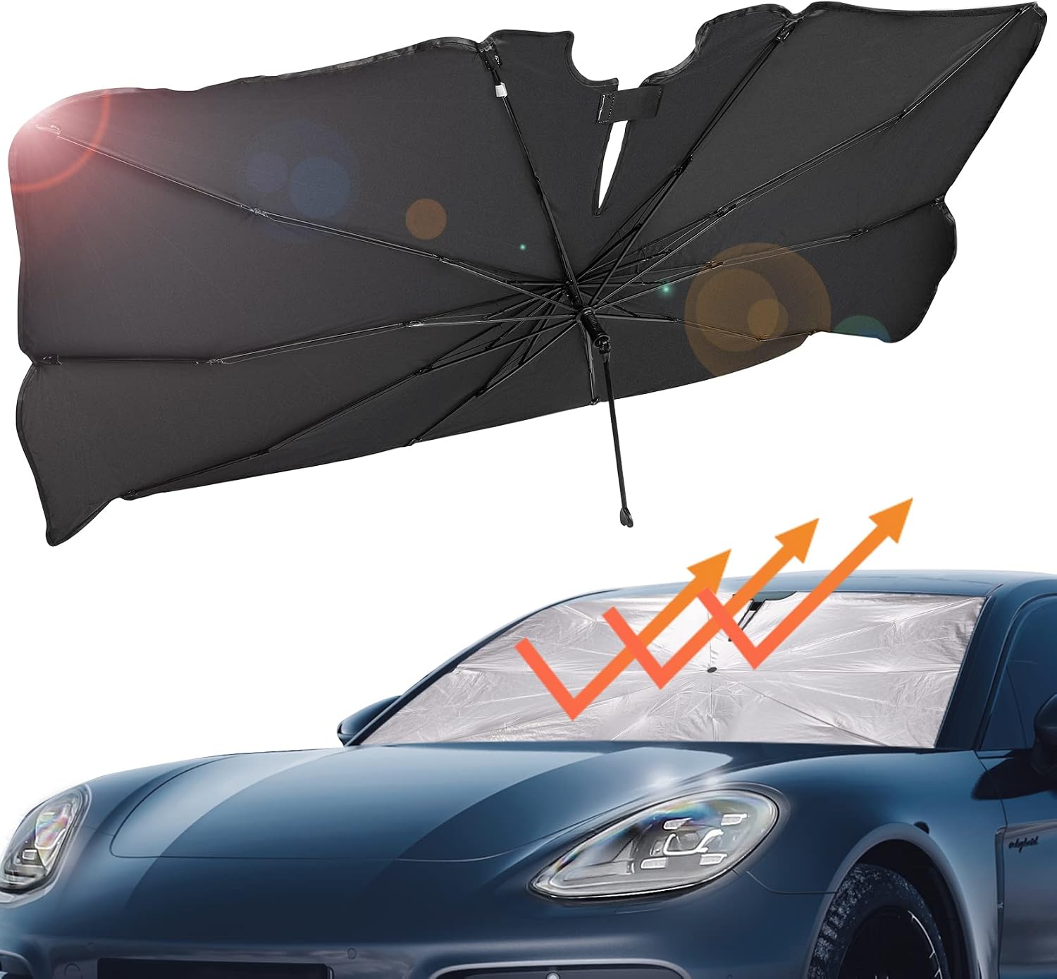 Car Windshield Sun Shade Umbrella with Mirror Cut-Out, Foldable Reflective Sunshade Shield for Vehicle Front Window Block UV and Heat, Sun Protection Visor Automotive Interior Accessories (57"X31")