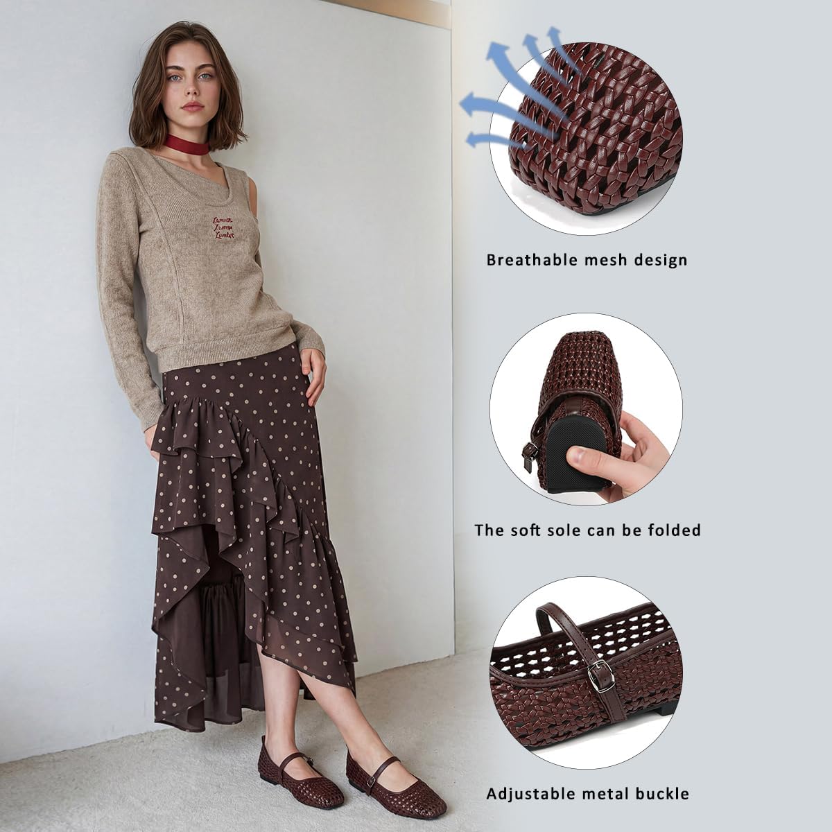 Flats for Women Mary Jane Shoes Mesh Ballet Foldable Flat Women's Squared Toe Woven Comfortable Dressy Office Casual Shoe