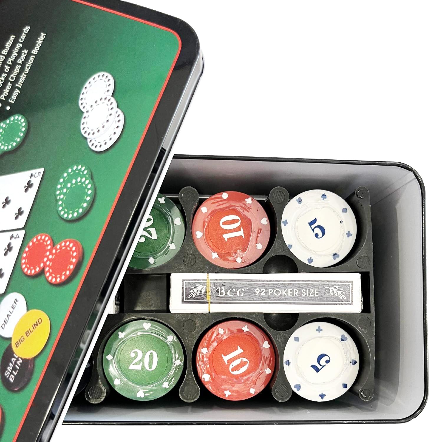 AUTOZOCO Set de Póker, Juego de póker Completo, Juego de Blackjack, Incluye 200 fichas, 2 Barajas de Cartas, botón de repartidor, ciega pequeña, Gran ciega, tapete de Juego, Caja metálica