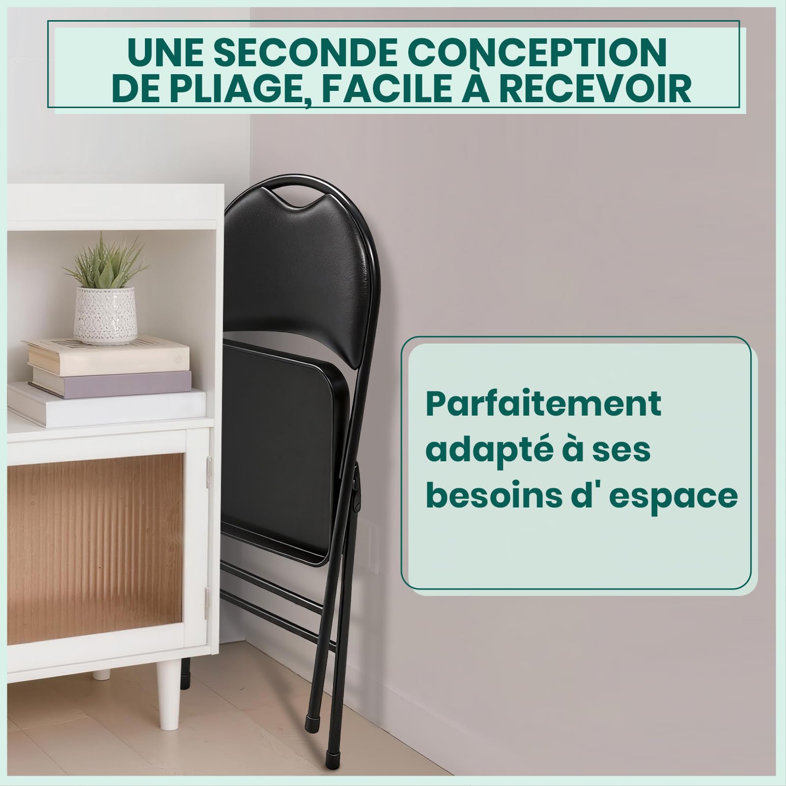 Chaise Pliante en Cuir PU Rembourrée avec Poignée, Siège Portable avec Coussin Épais et Cadre en Métal Solide, Confortable pour Maison, Bureau, Fêtes (4, Noir)