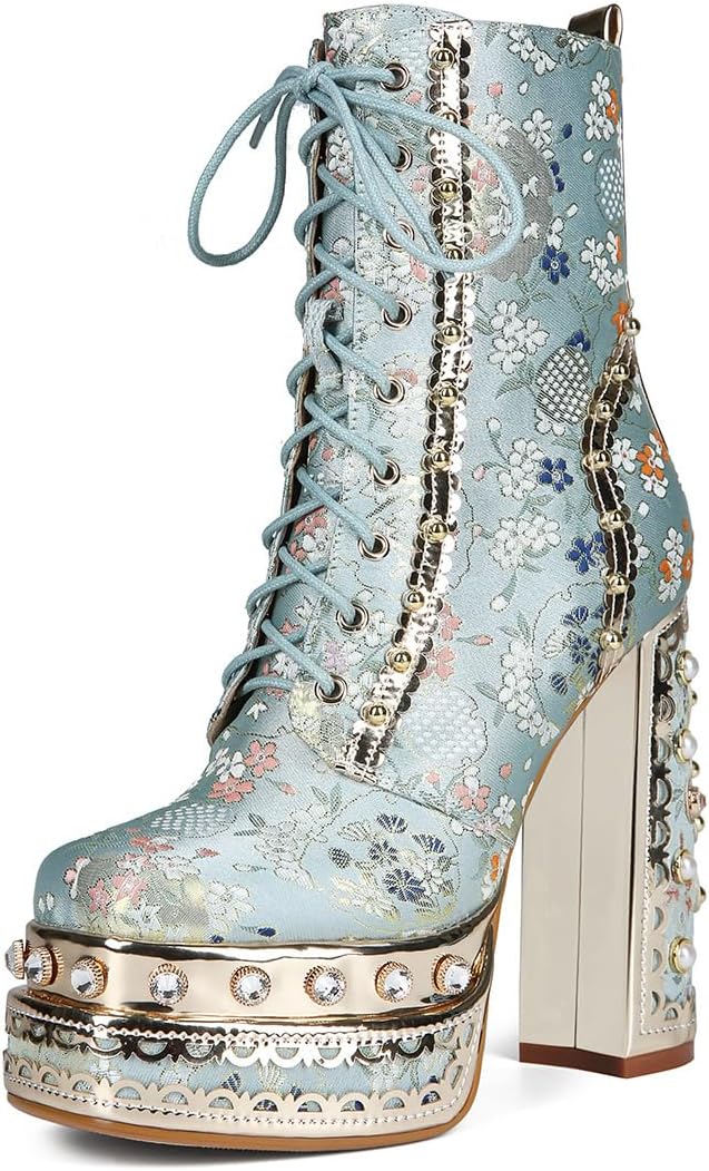 Feinlina Cowgirl Block Heel Ankle Platform Boots for Women Red Embroidered Fabric Gemstones Closed Toe Dress Wedding Party Booties