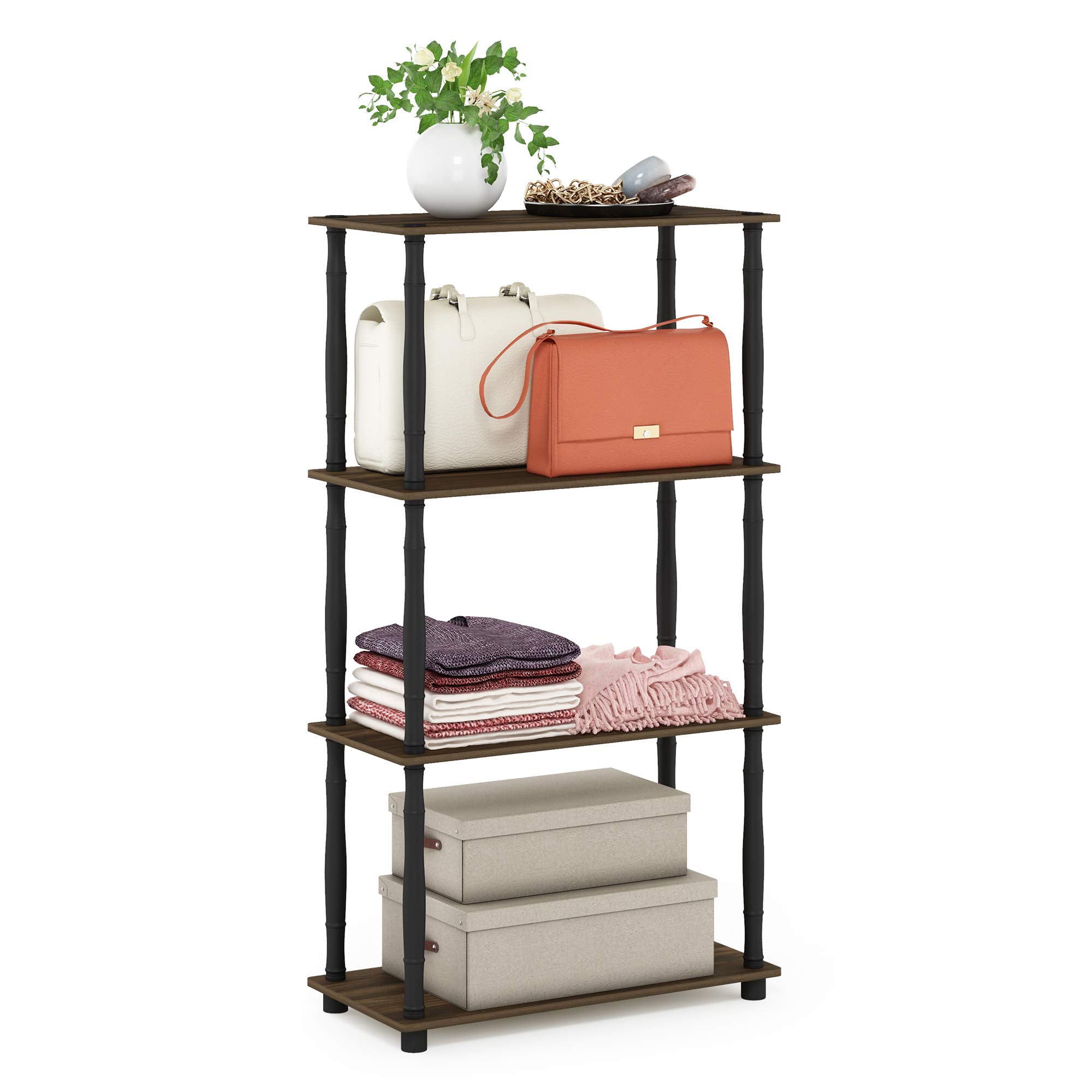 Furinno TURN-N-TUBE Storage Shelves, 4-Tier Book Shelf, Corner Shelf, Toolless Open Shelves, Classic Tubes, for Organization and Storage, Living Room, Home Office, Columbia Walnut