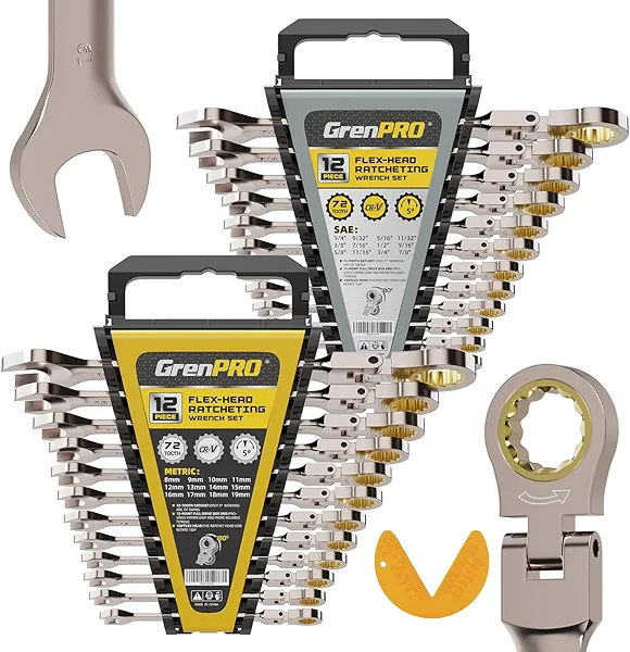 GRENPRO Wrench Set, Ratchet Wrenches Set, 25PC Flex-Head Ratcheting Wrench Set SAE&Metric and Standard 1/4" to 7/8"&8-19mm with Gauge Organizer, 72 Tooth Mechanic Tool Open End Combination Wrench Sets