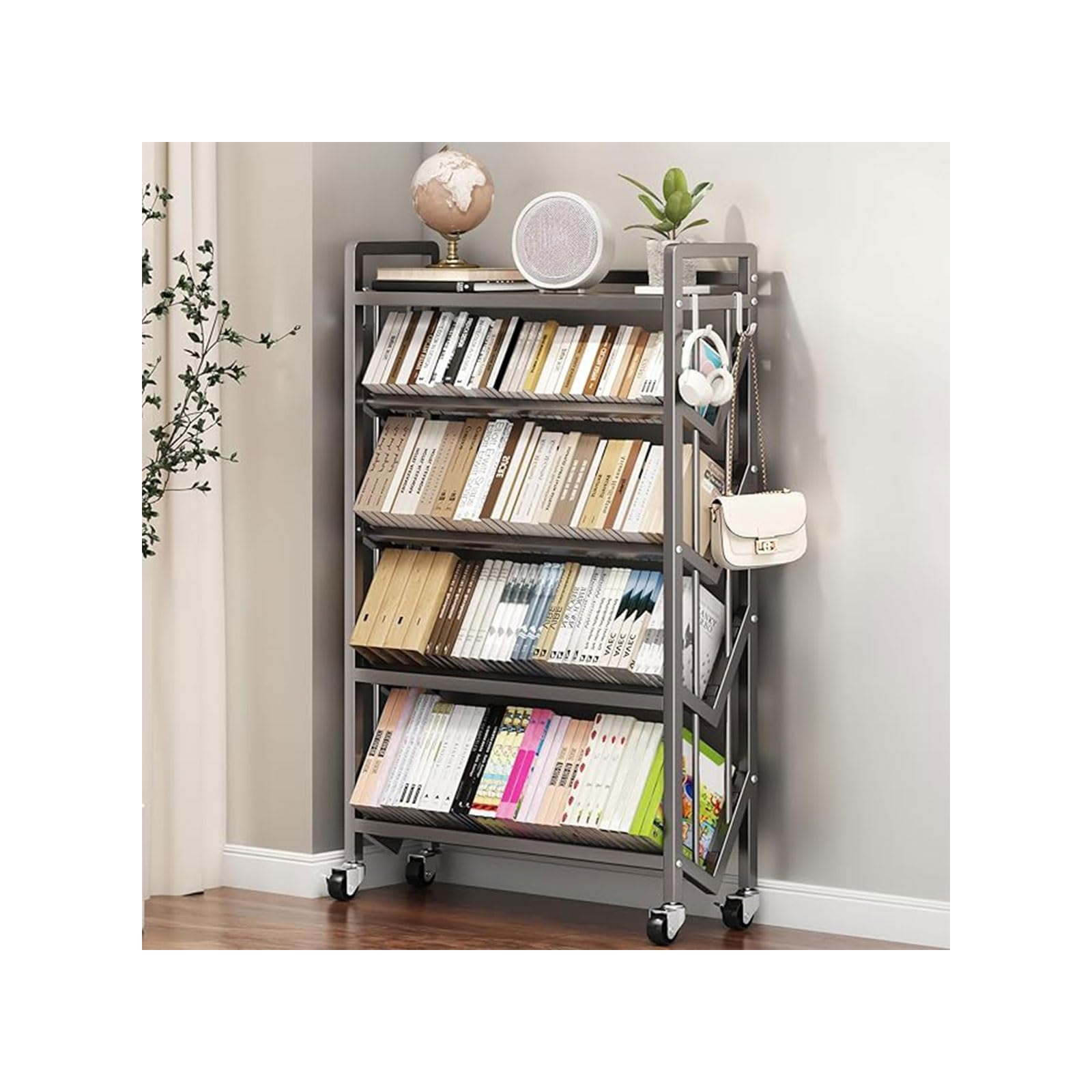 Book Carts with Wheels, Library Rolling Book Cart 2/3/4/5 Tier Movable Bookshelf Mobile Large Capacity L-Shaped Carbon Steel Organizer Rack for Office, Home, Classroom(Gris,5 Tiers-35.4x9.8x57.7in)