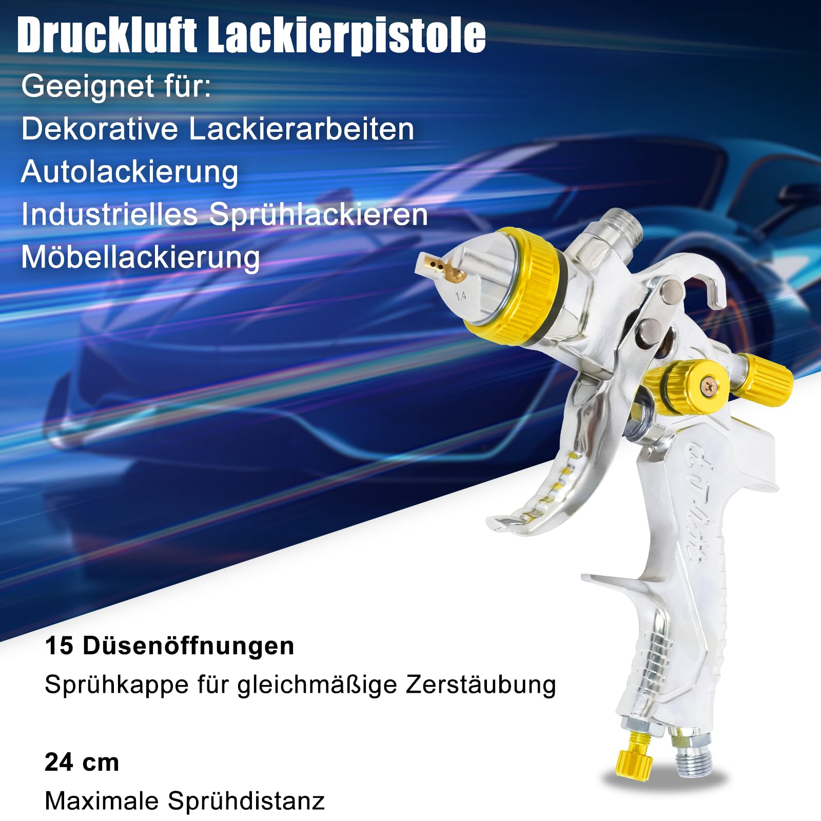 Poweka HVLP Lackierpistole Set mit 600 ml Farbbehälter, 1,4/1,7/2,0/2,5 mm Düsen, Druckluft Spritzpistole für Auto, Möbel & Wandlackierung