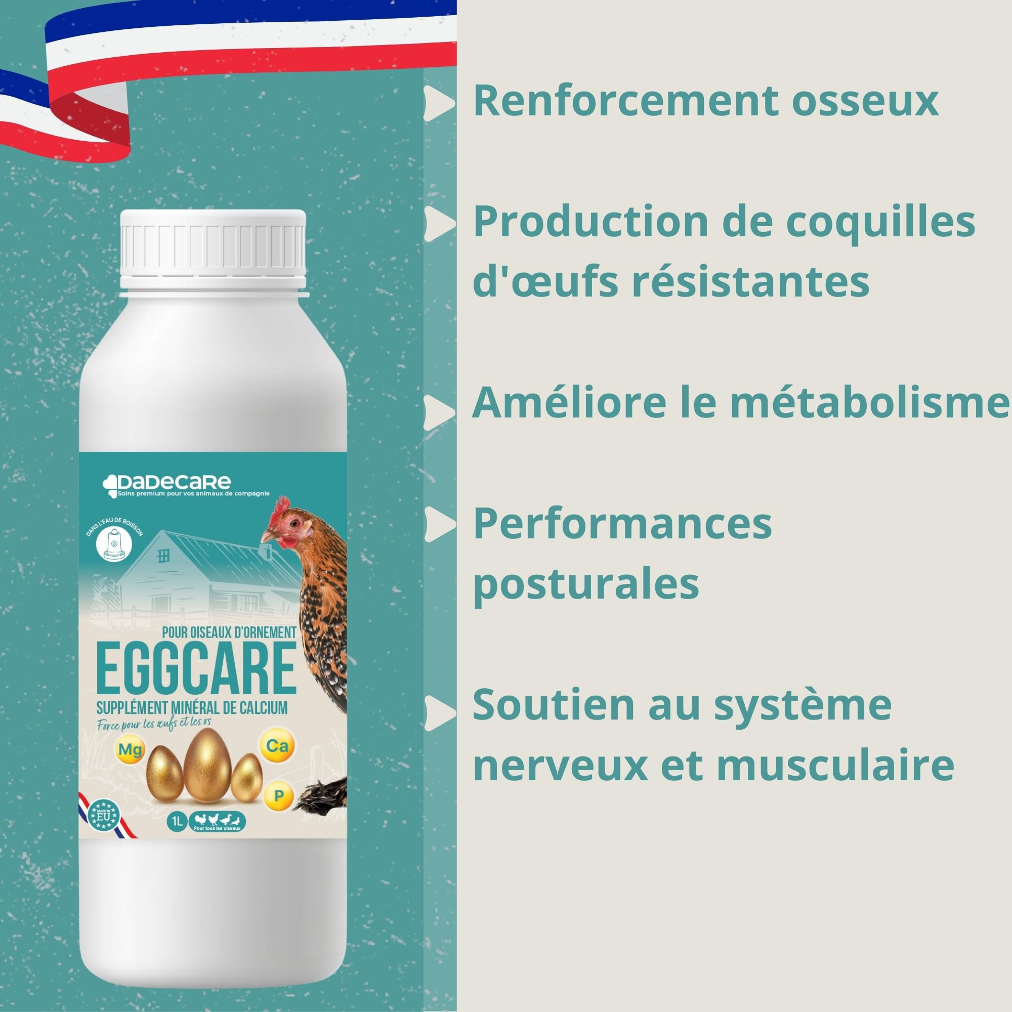Eggcare Calcium pour Oiseaux 1 l avec minéraux et vitamines – Œufs sains et coquilles résistantes – Fortifie Les os – Convient pour Tous Les stades de développement
