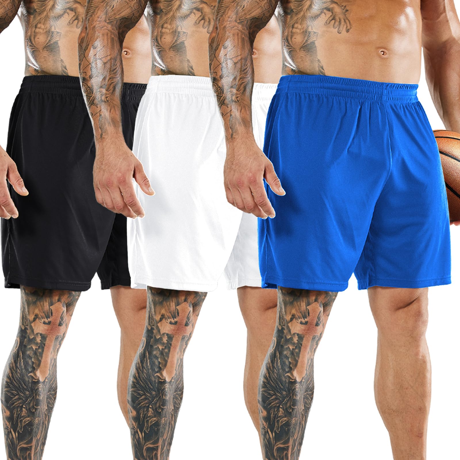 MIER Men's Soccer/Basketball/Athletic Shorts Without Pockets No Liner Running Workout Training, 3 Pack