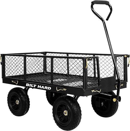 BILT HARD Carrito de jardín de acero de capacidad de 1200 libras, carros y carros resistentes de 9 pies cúbicos con mango 2 en 1, lados extraíbles y