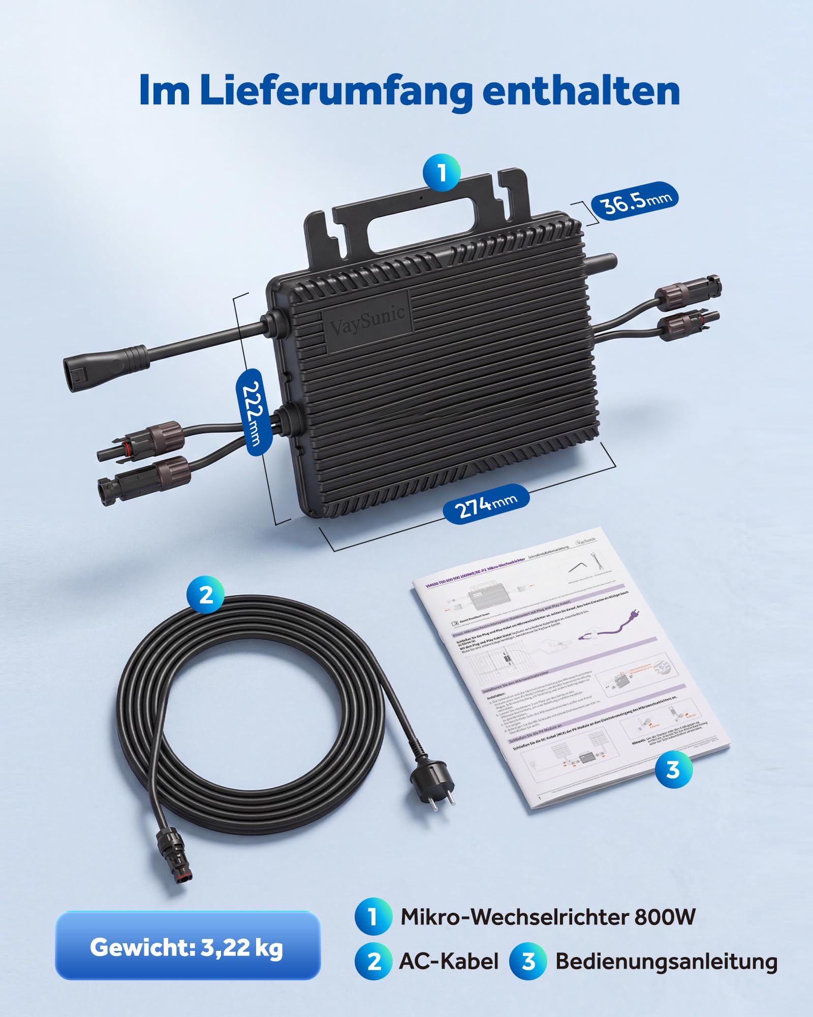 Micro inverter da 800 W con Wi-Fi integrato, 0% IVA, inverter plug & play – ideale per centrali elettriche da balcone, certificazione PV VDE, impermeabile IP67, tecnologia MPPT, controllo tramite app