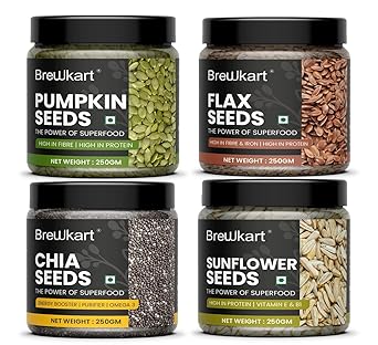 Brewkart Chia, Sunflower, Pumpkin, Flax Seeds - 250g each Healthy Edible Seeds Combo | Diet Superfood | Healthy Snack | High in Protein, Fiber, Vitamin E& B1, Omega 3 | Rich in Antioxidants - image, photos